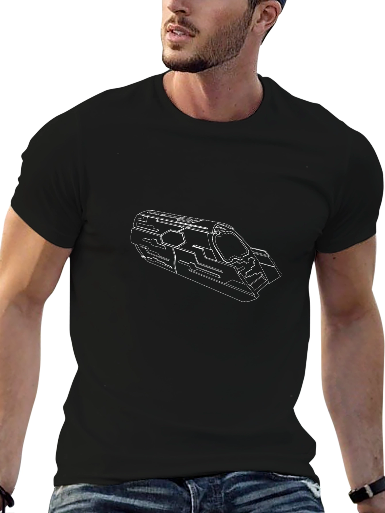 Sci-Fi Vehicle Outline Tee - Black Cotton Blend