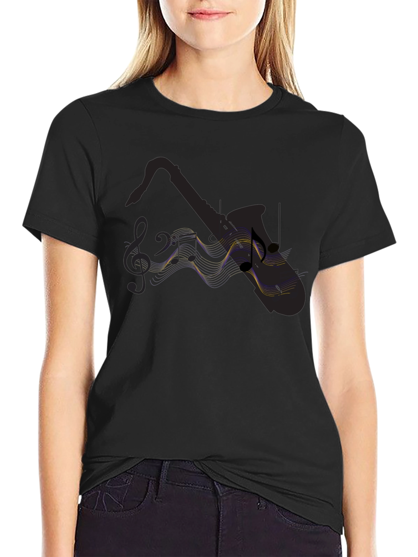 Saxophone Music Notes Black T-Shirt