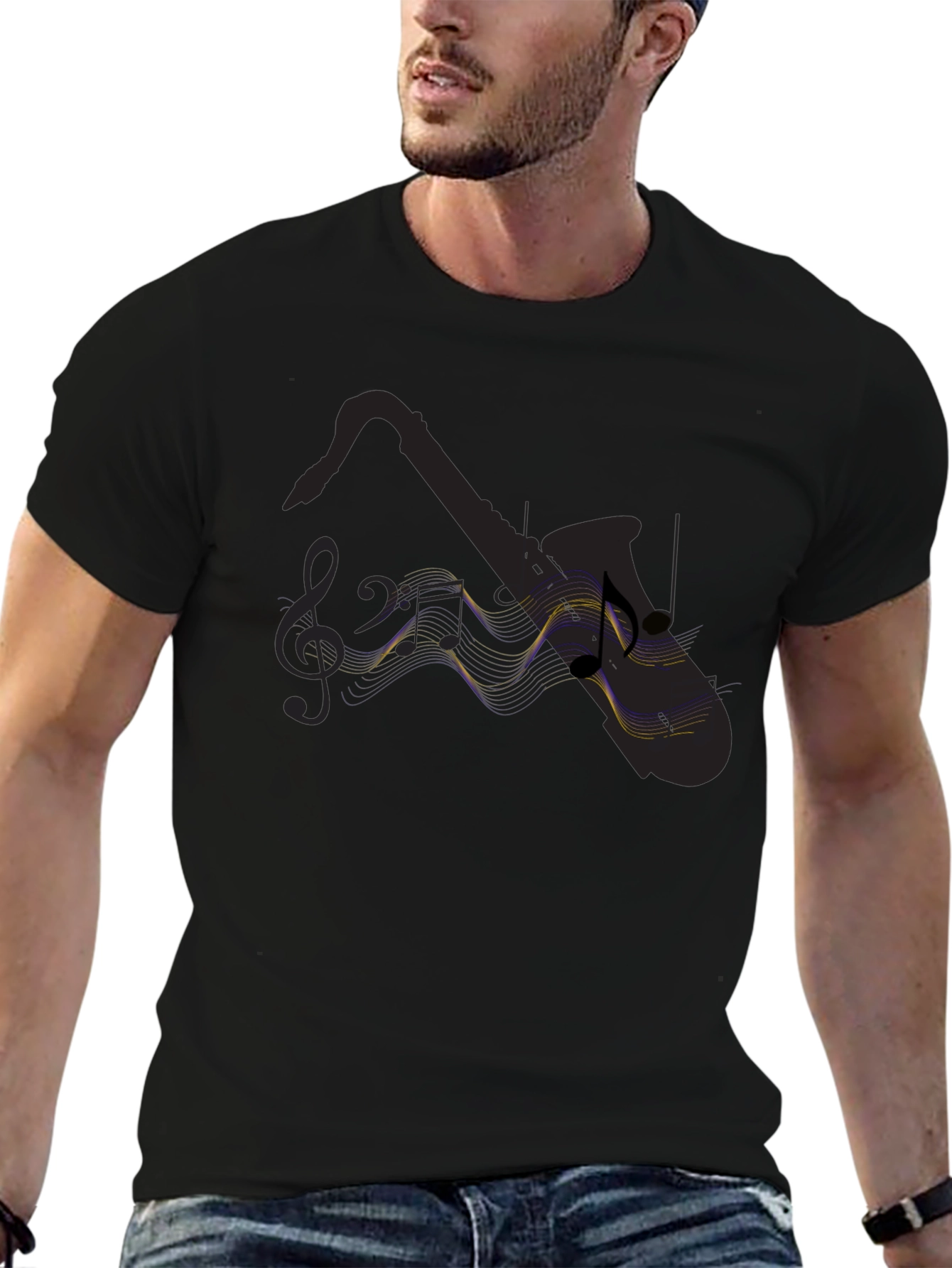 Saxophone Music Notes Black T-Shirt