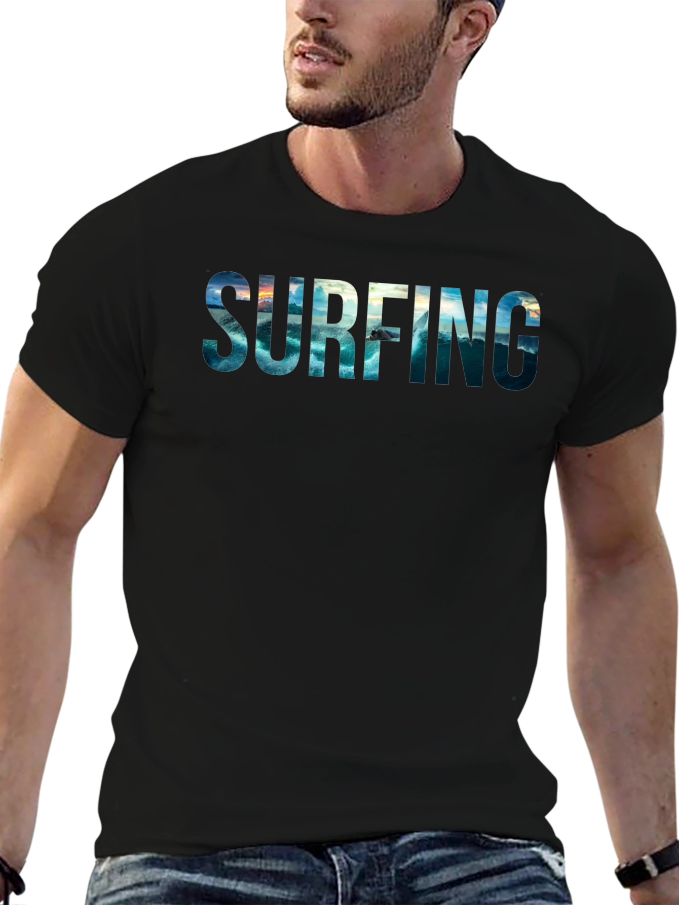 Surfing Ocean Graphic Black Tee - Cool Summer Style