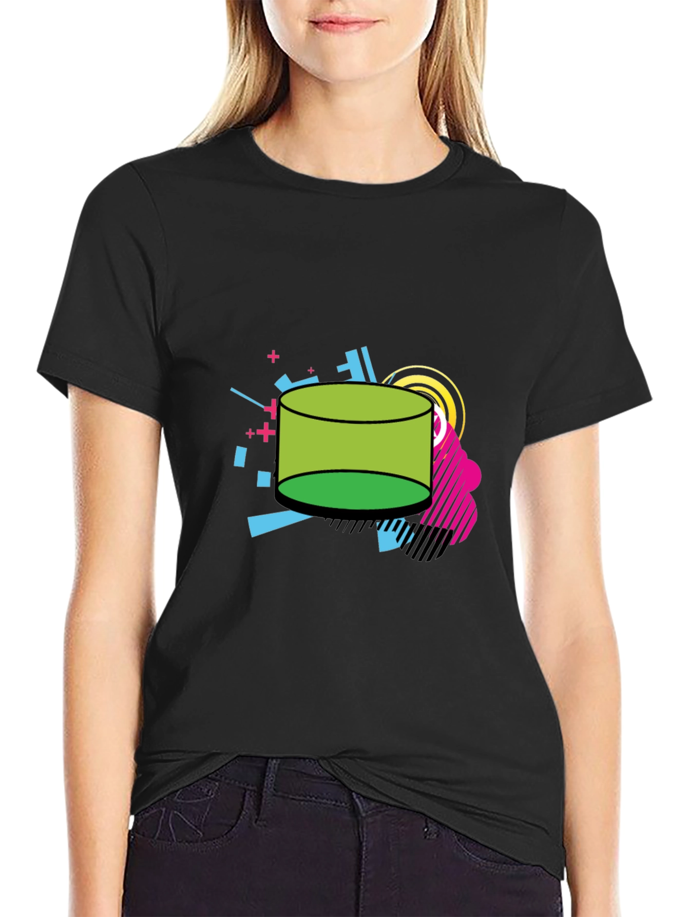 Retro Geometric Green Cylinder Black T-Shirt