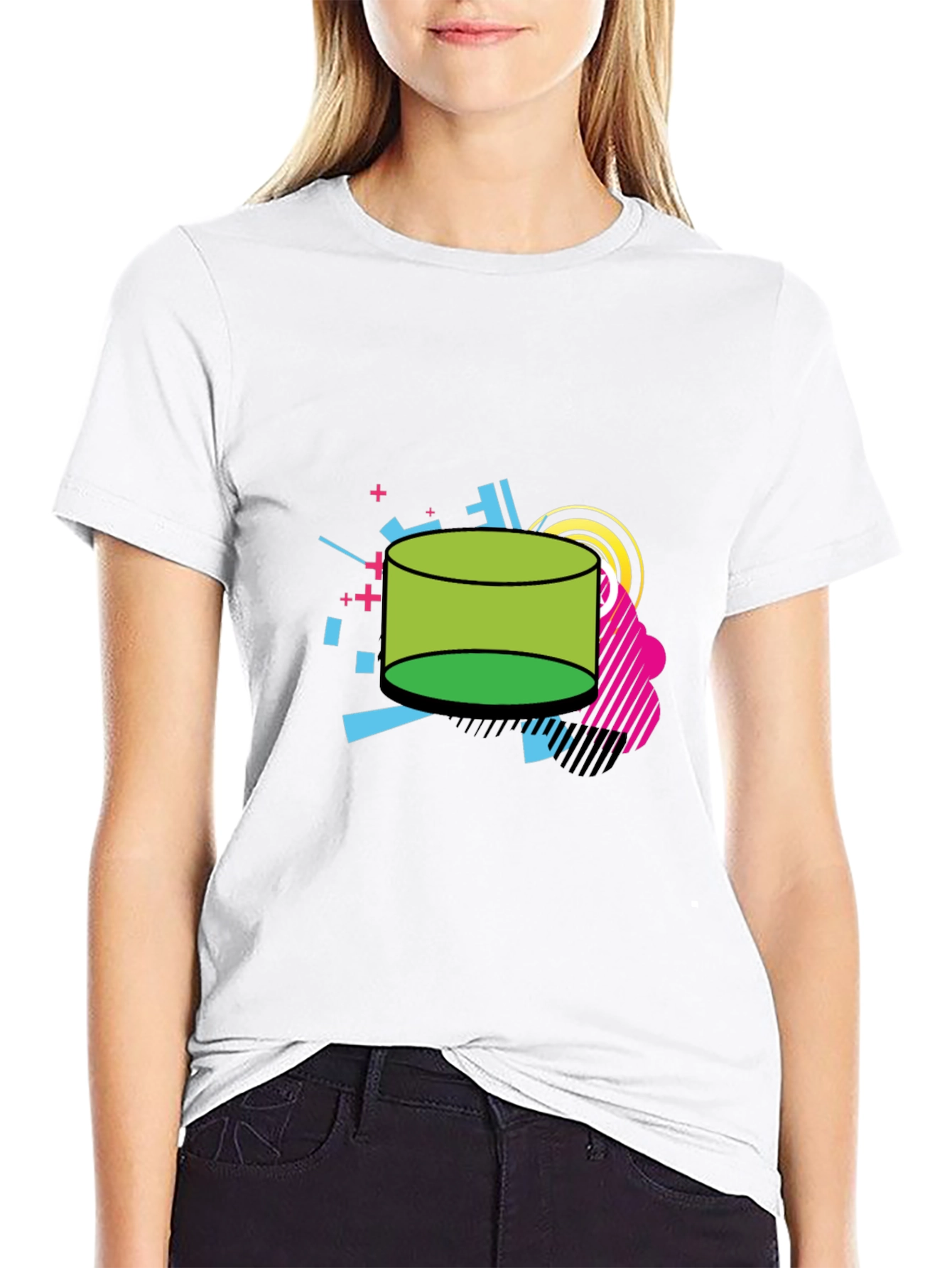 Retro Geometric Green Cylinder Black T-Shirt