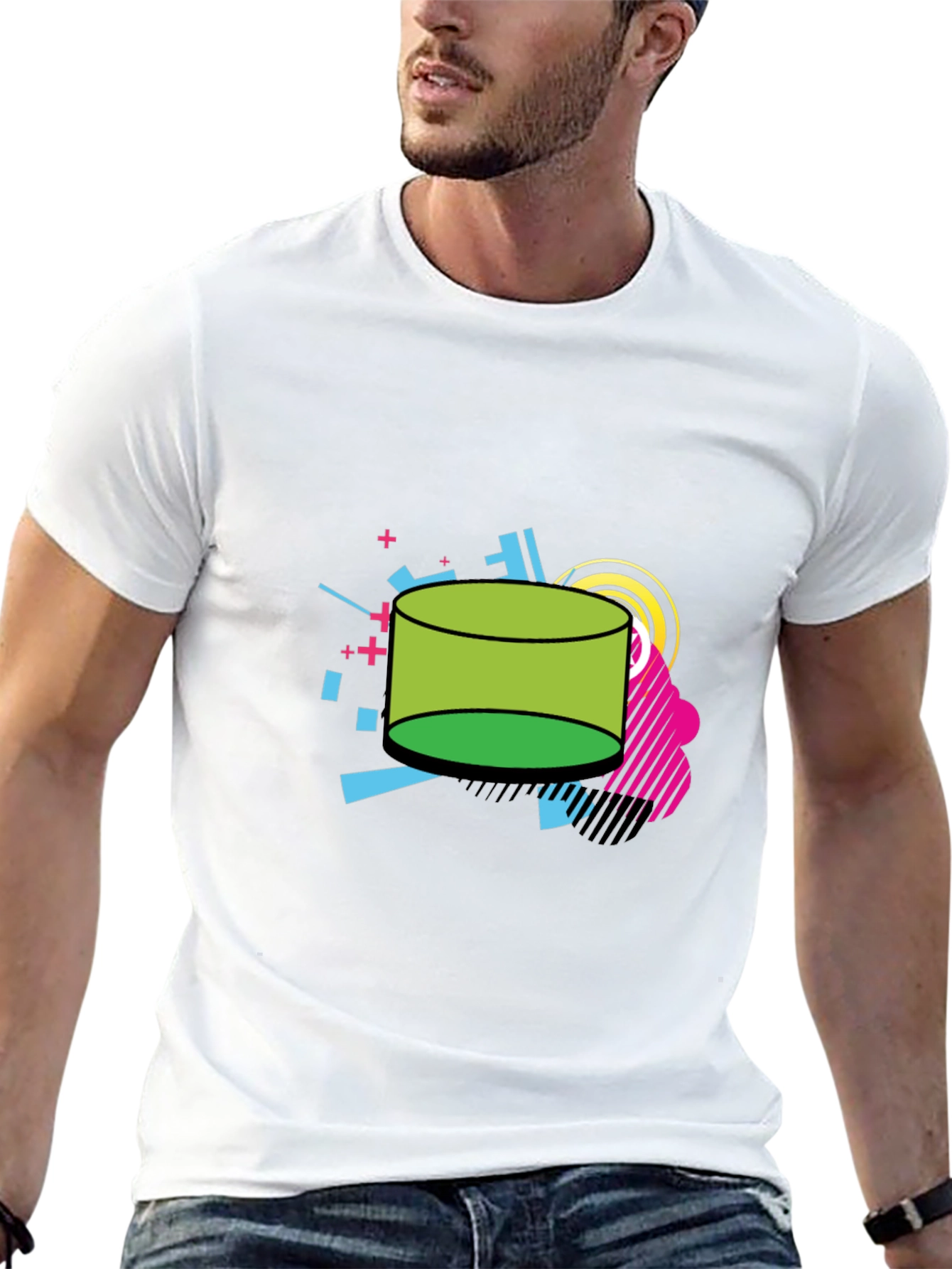 Retro Geometric Green Cylinder Black T-Shirt