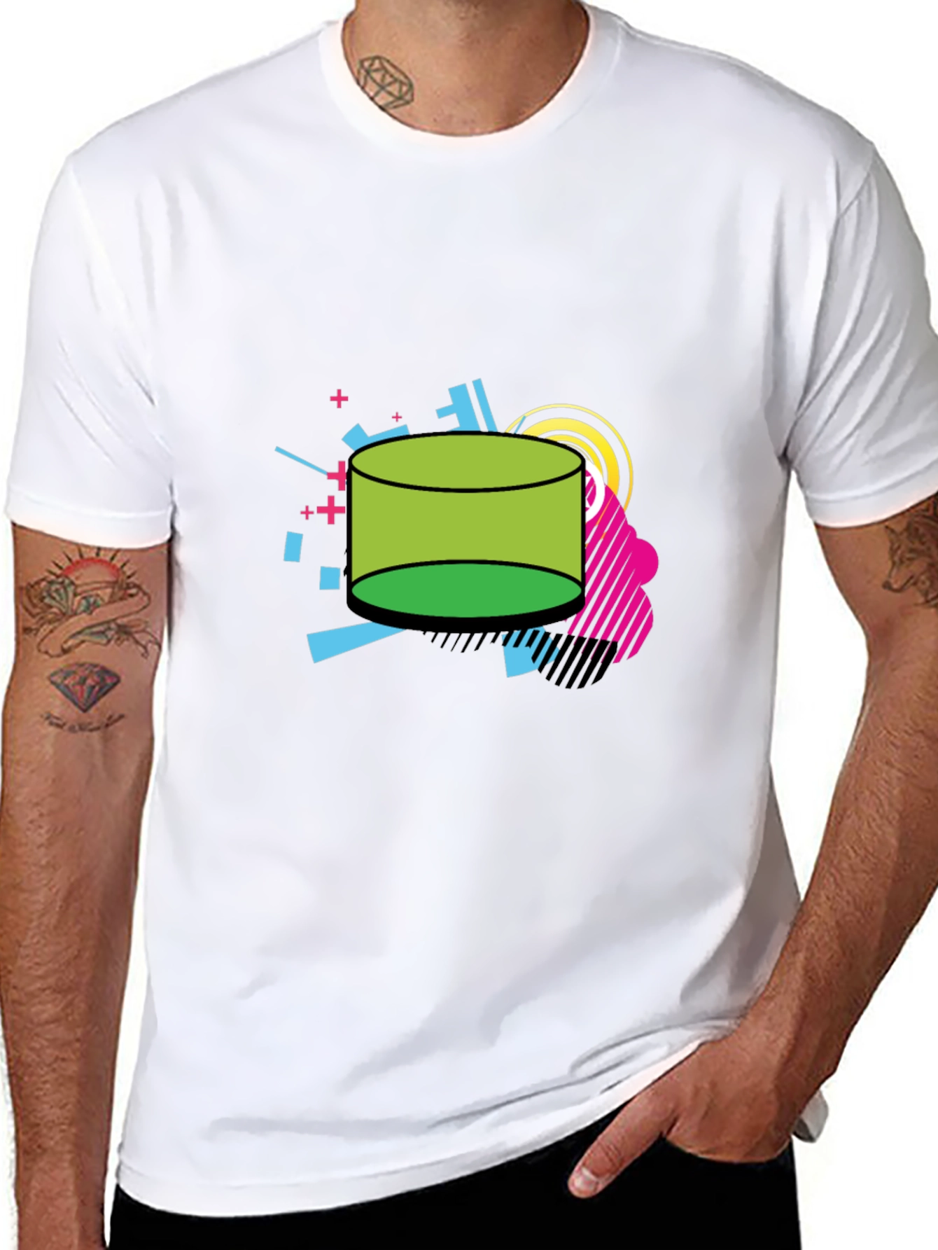 Retro Geometric Green Cylinder Black T-Shirt
