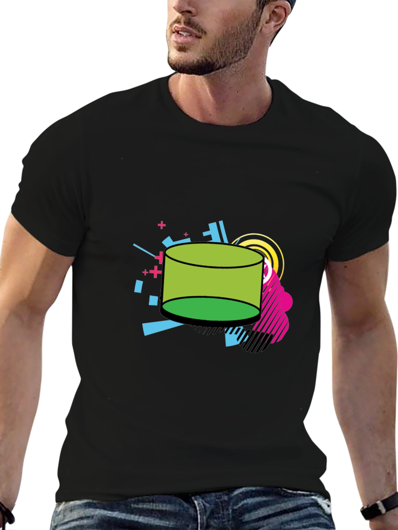 Retro Geometric Green Cylinder Black T-Shirt