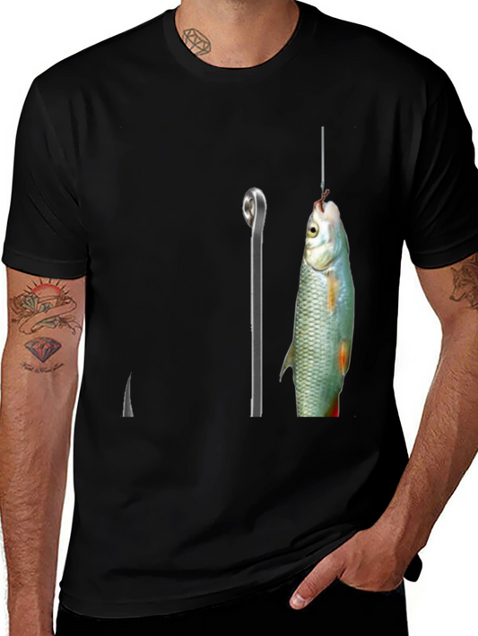 Fishing Hook Graphic Tee - Black Cotton Blend T-Shirt