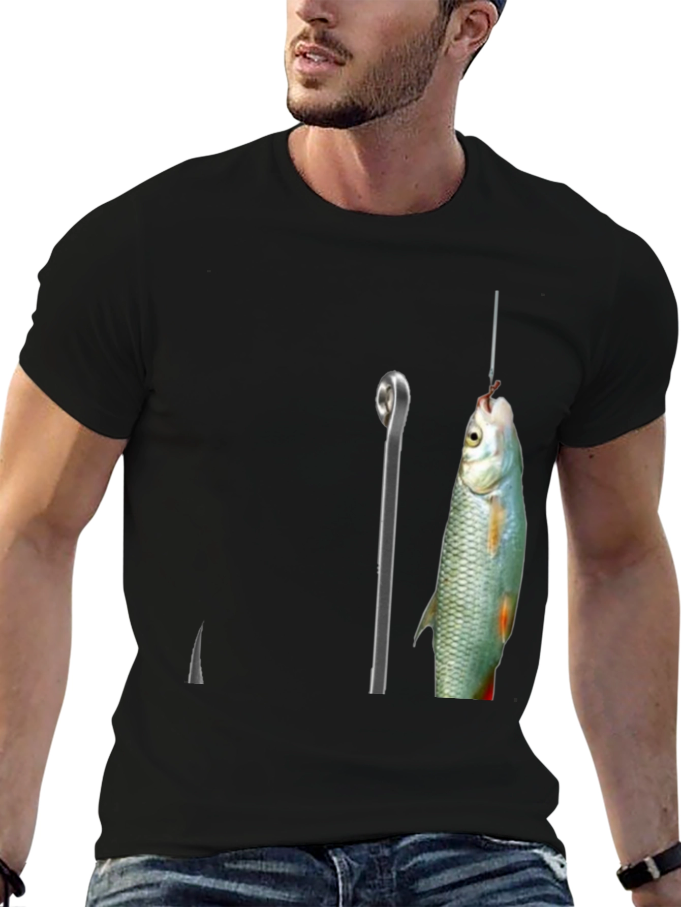 Fishing Hook Graphic Tee - Black Cotton Blend T-Shirt