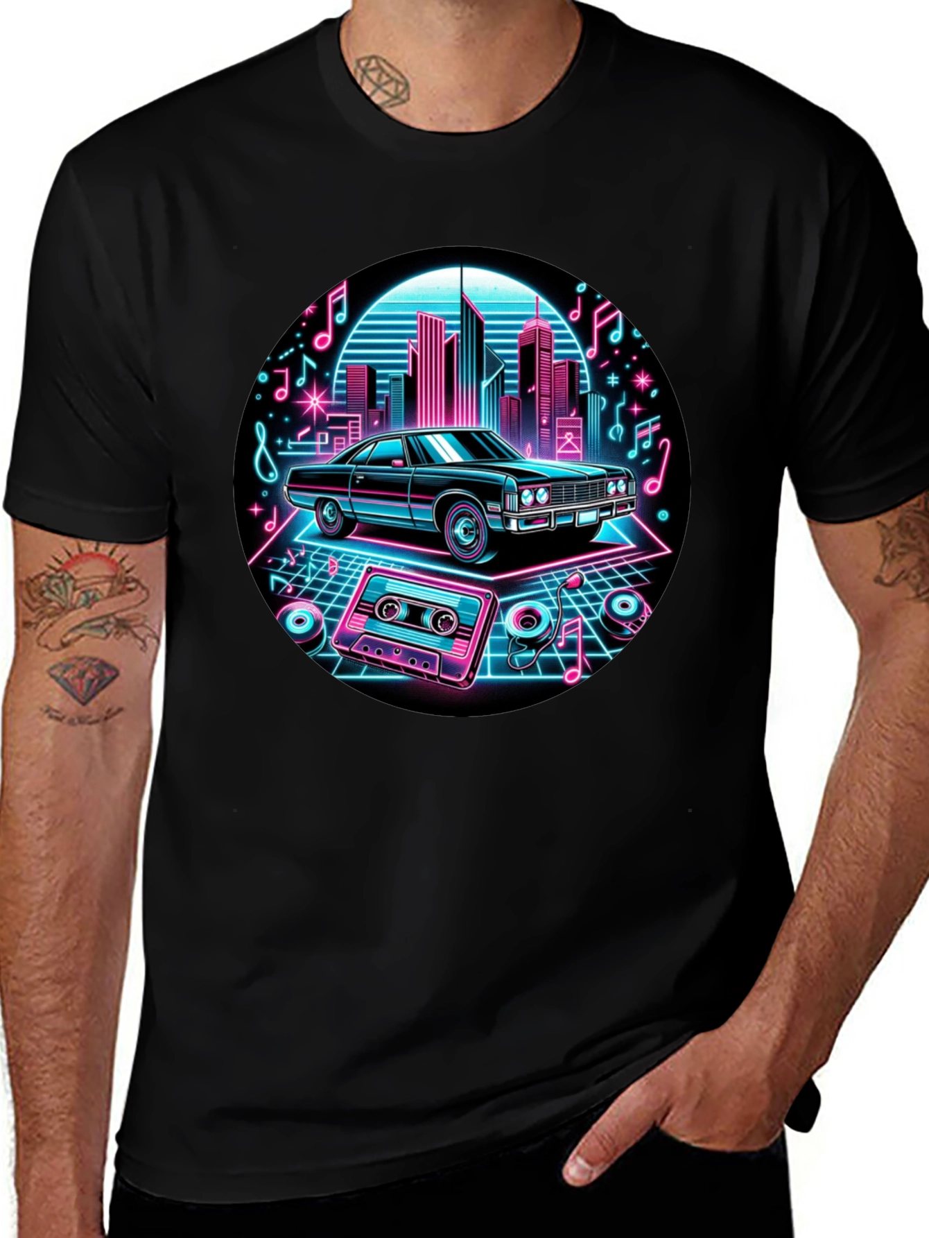 Retro Car T-Shirt - Neon Cityscape Design