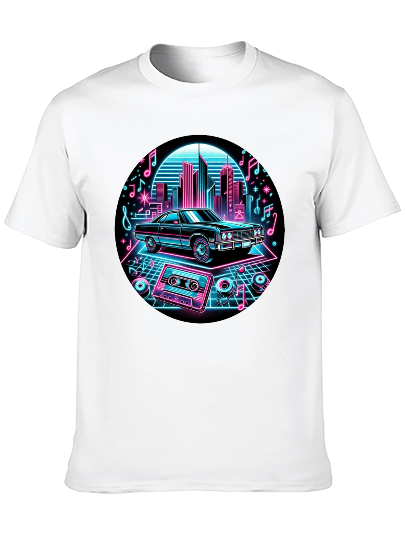 Retro Car T-Shirt - Neon Cityscape Design