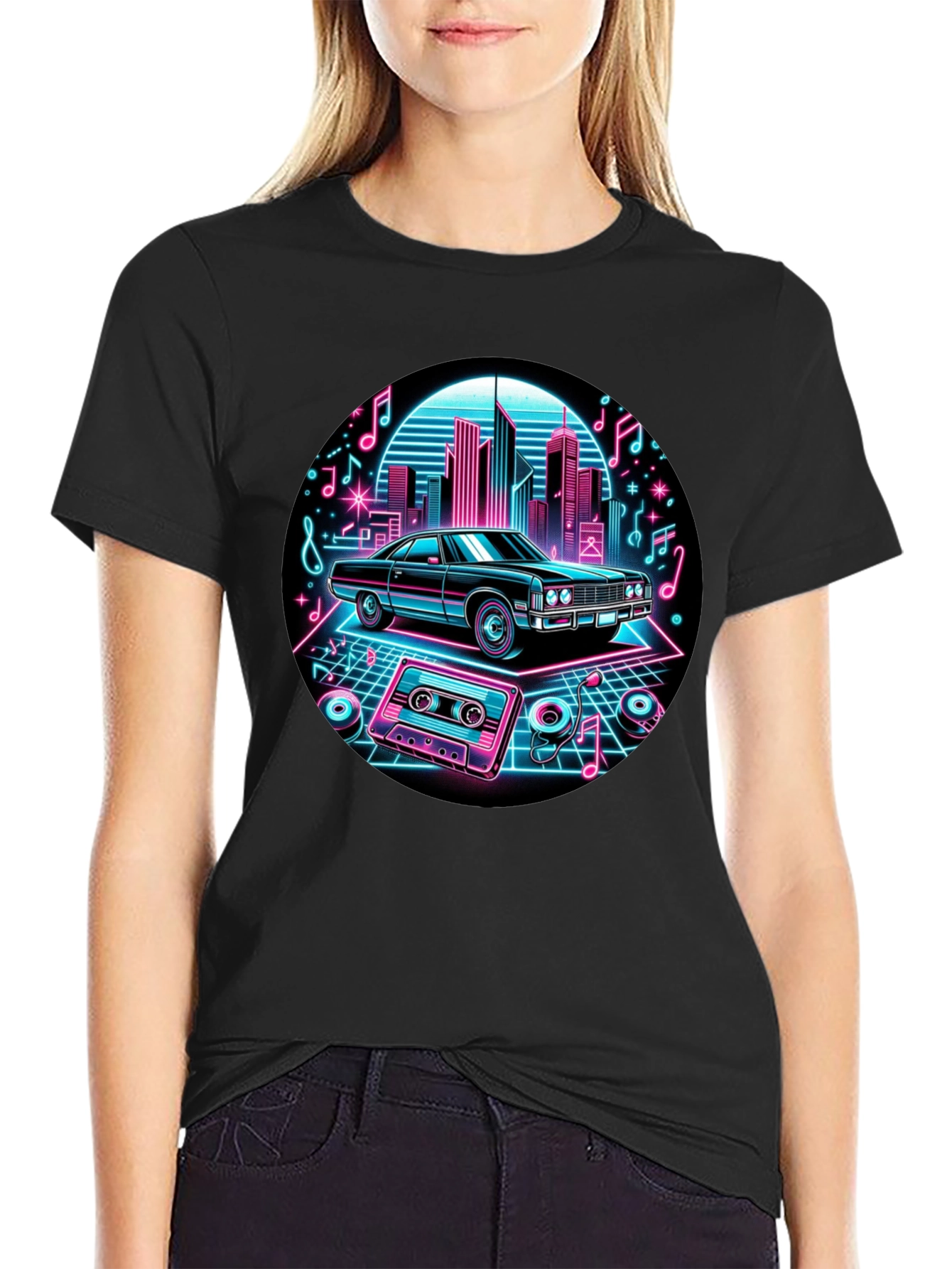 Retro Car T-Shirt - Neon Cityscape Design