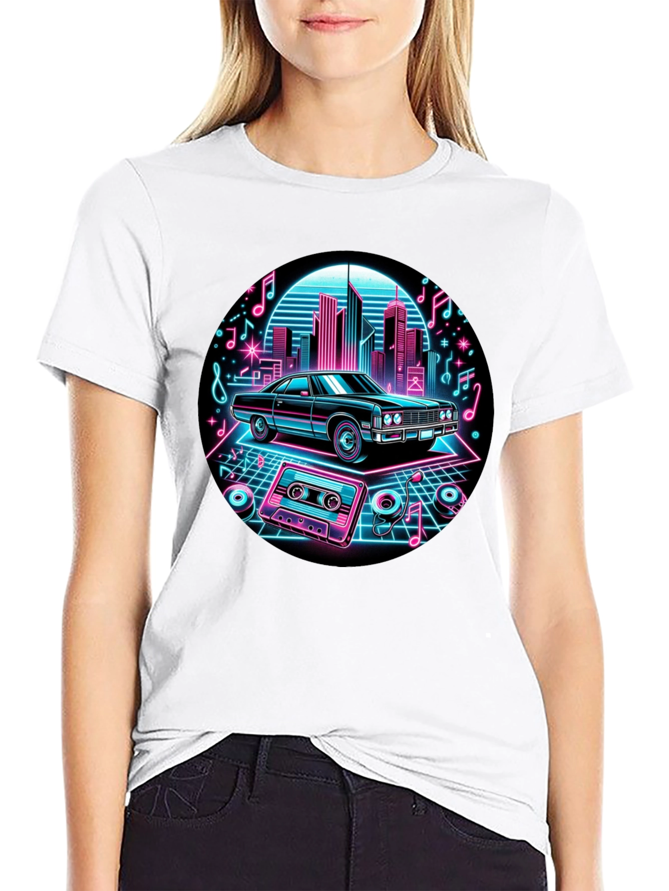 Retro Car T-Shirt - Neon Cityscape Design
