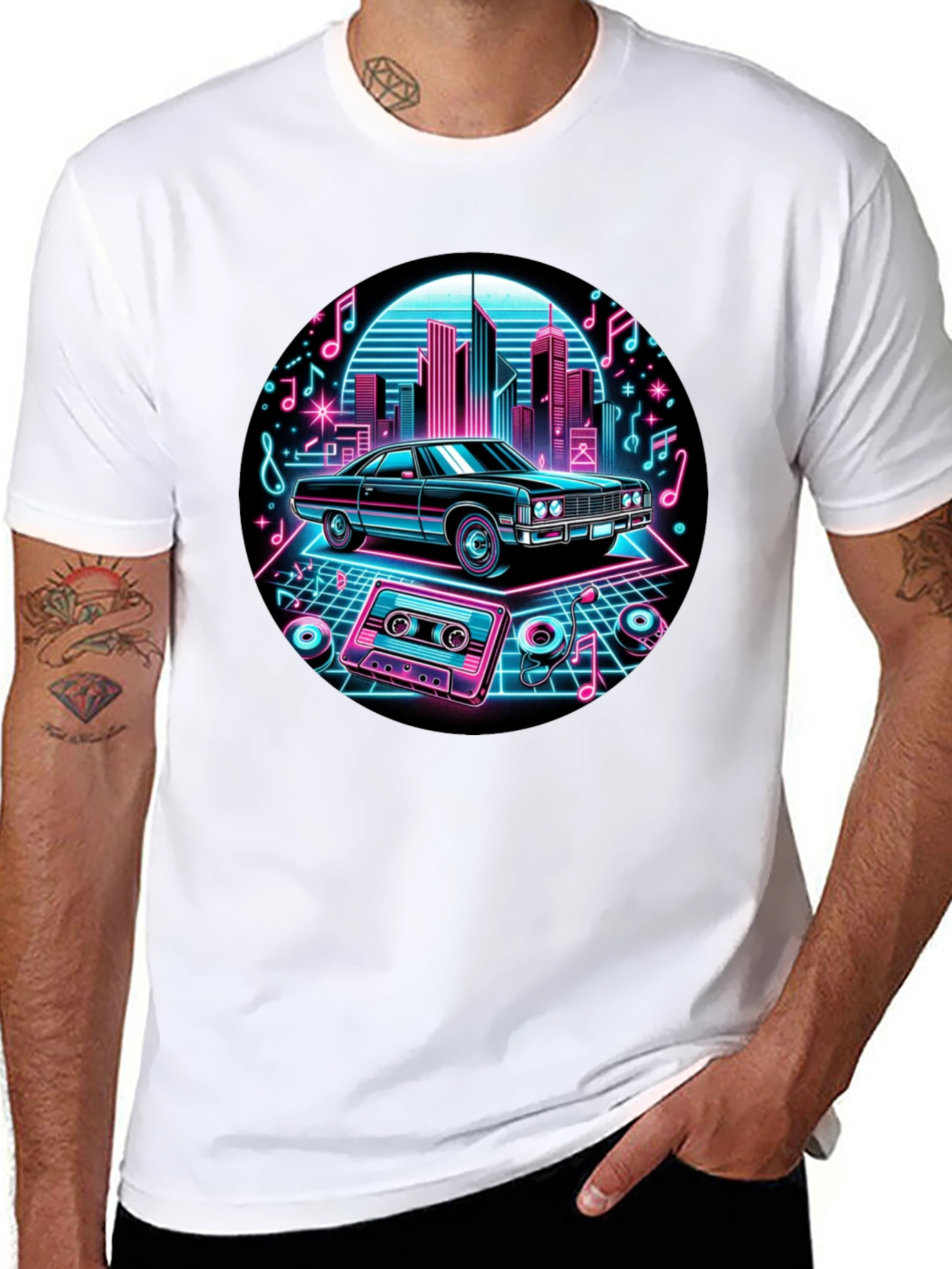 Retro Car T-Shirt - Neon Cityscape Design