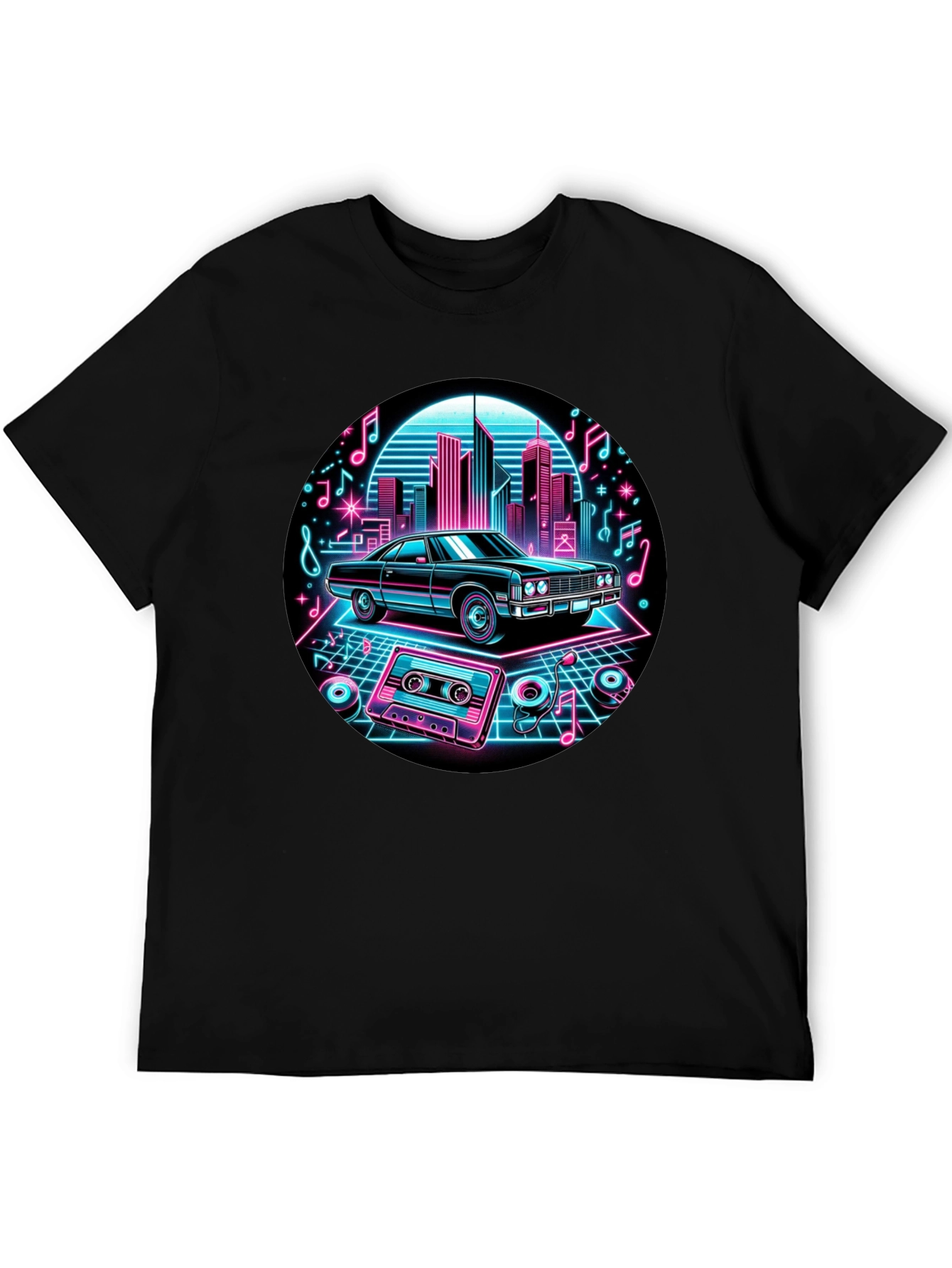 Retro Car T-Shirt - Neon Cityscape Design