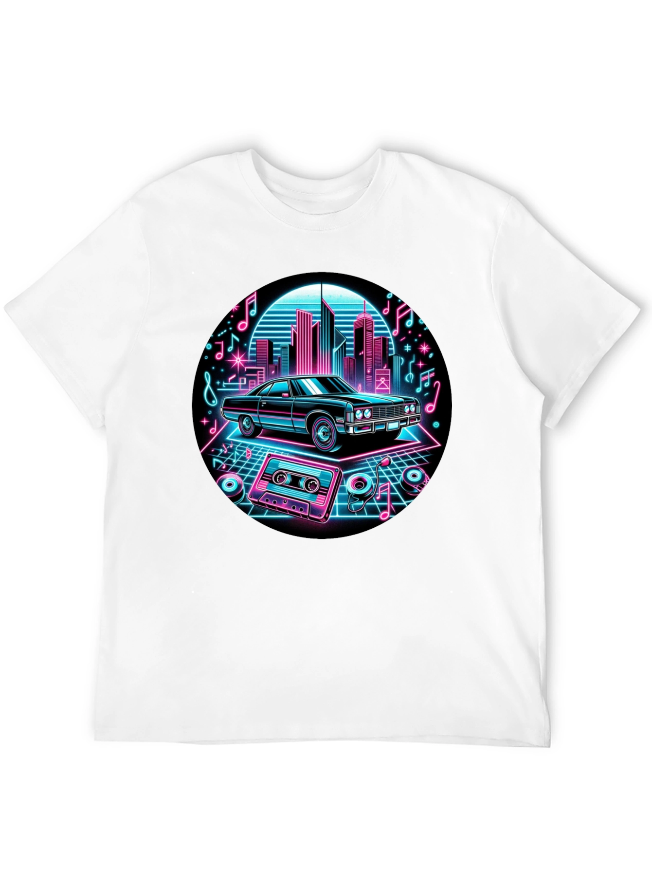 Retro Car T-Shirt - Neon Cityscape Design