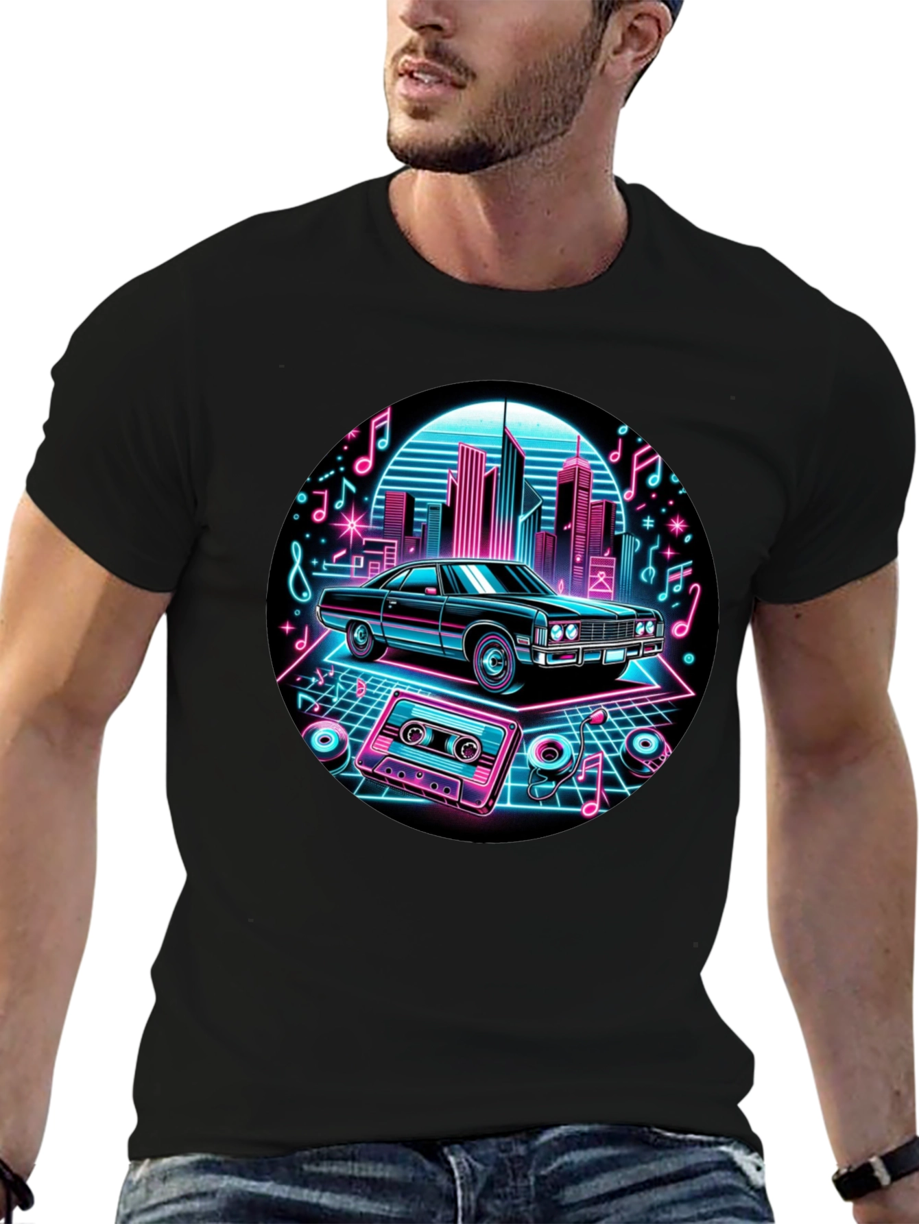 Retro Car T-Shirt - Neon Cityscape Design