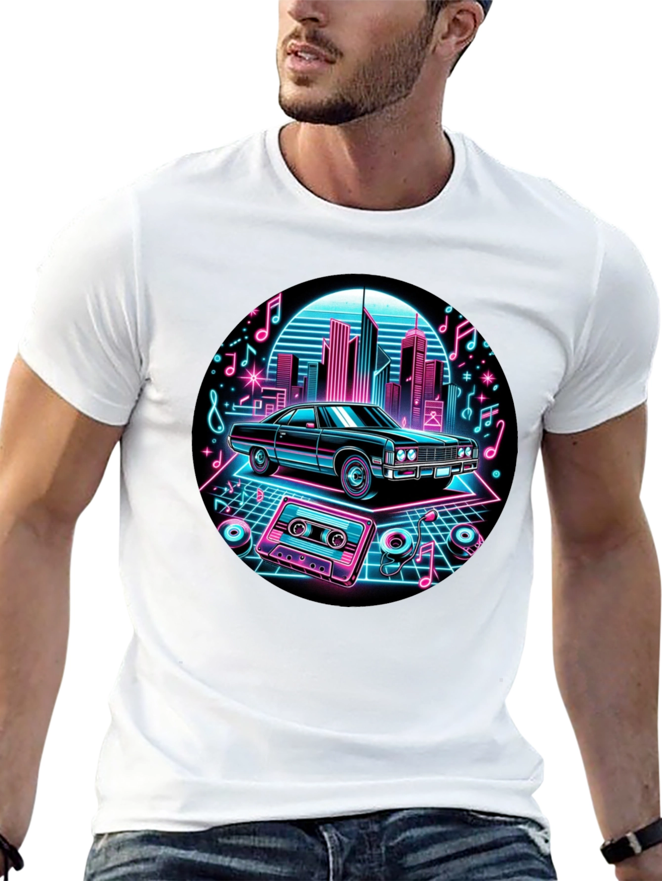 Retro Car T-Shirt - Neon Cityscape Design