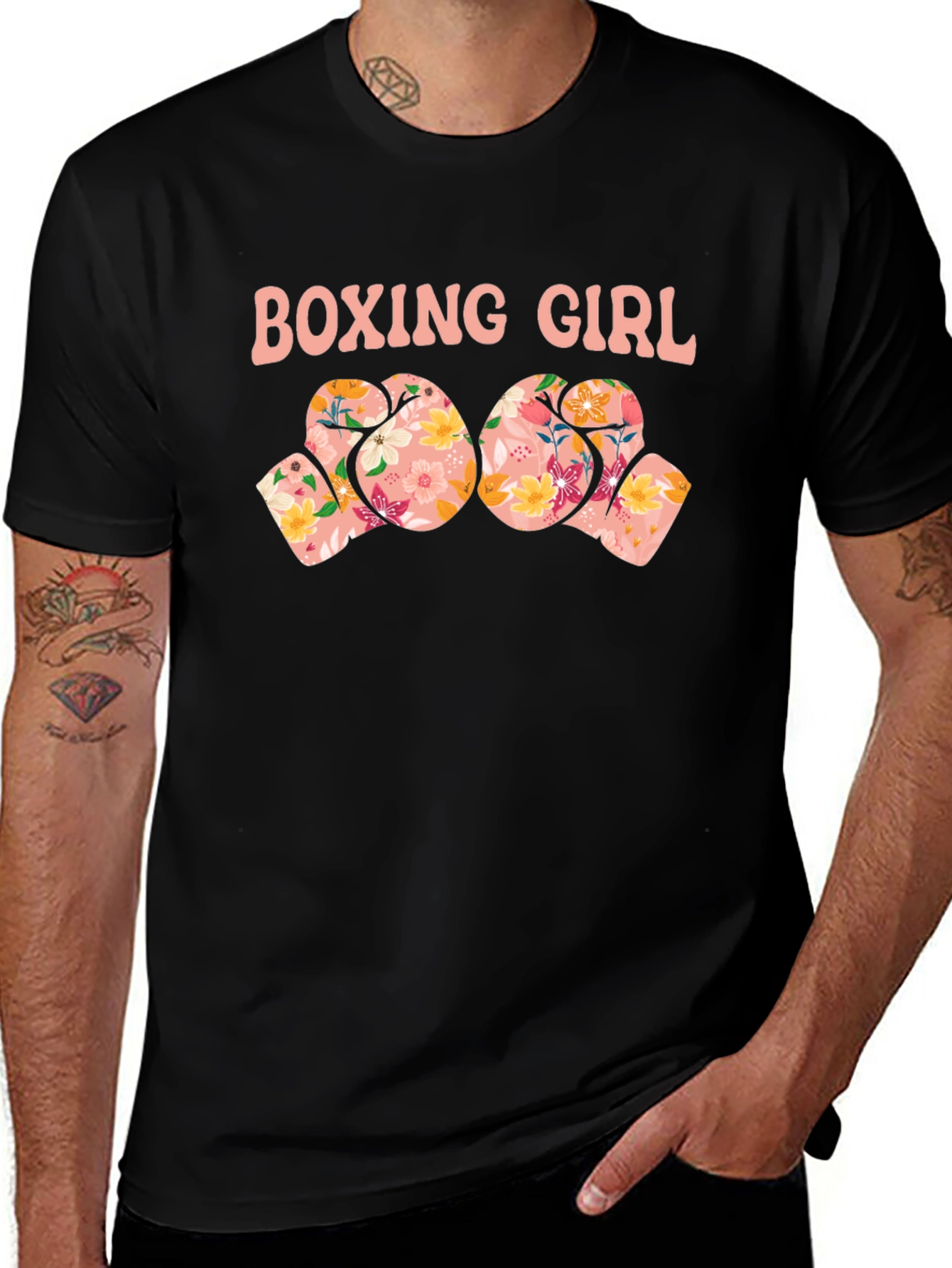 Boxing Girl Floral Gloves Graphic T-Shirt