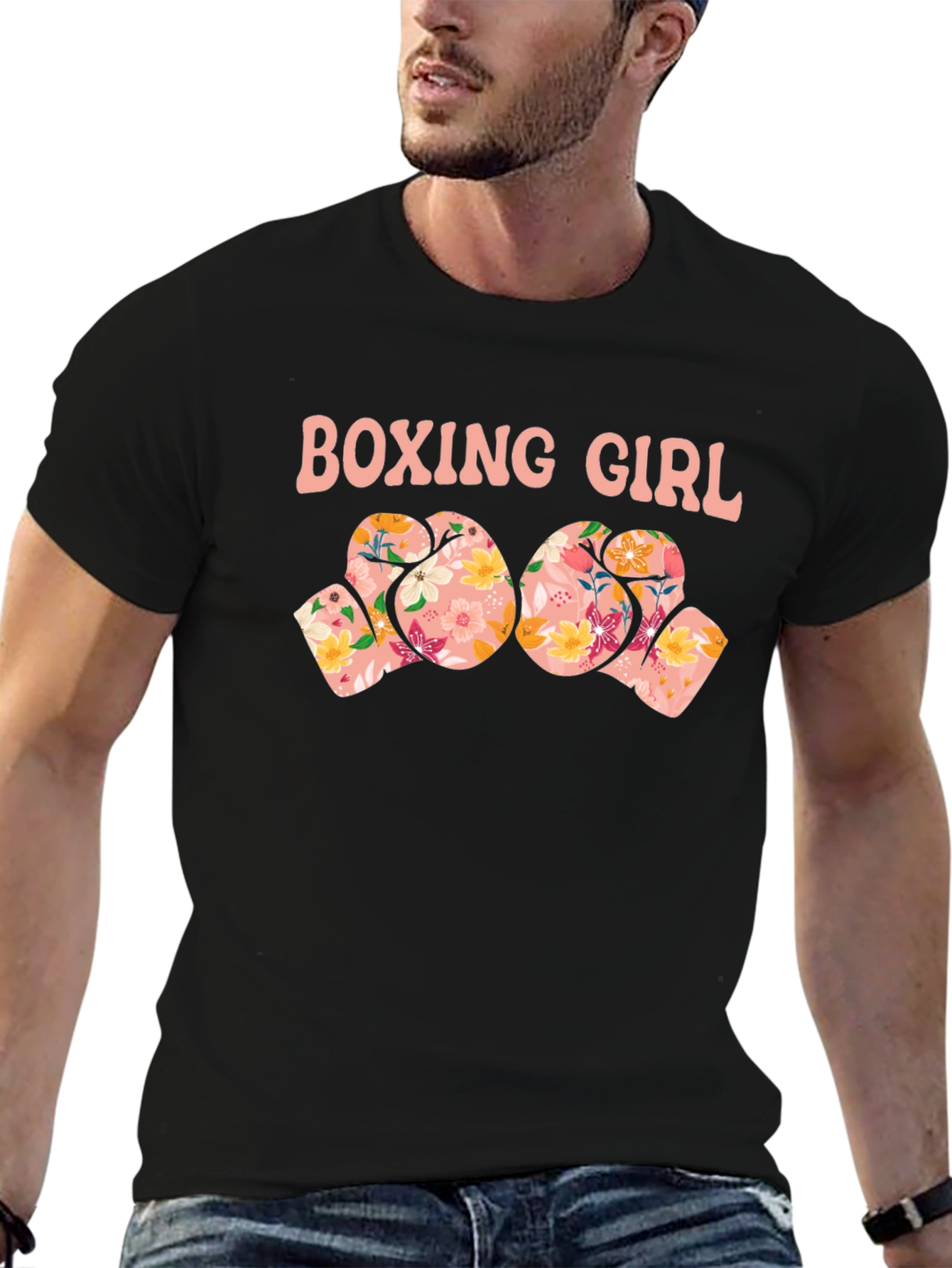 Boxing Girl Floral Gloves Graphic T-Shirt