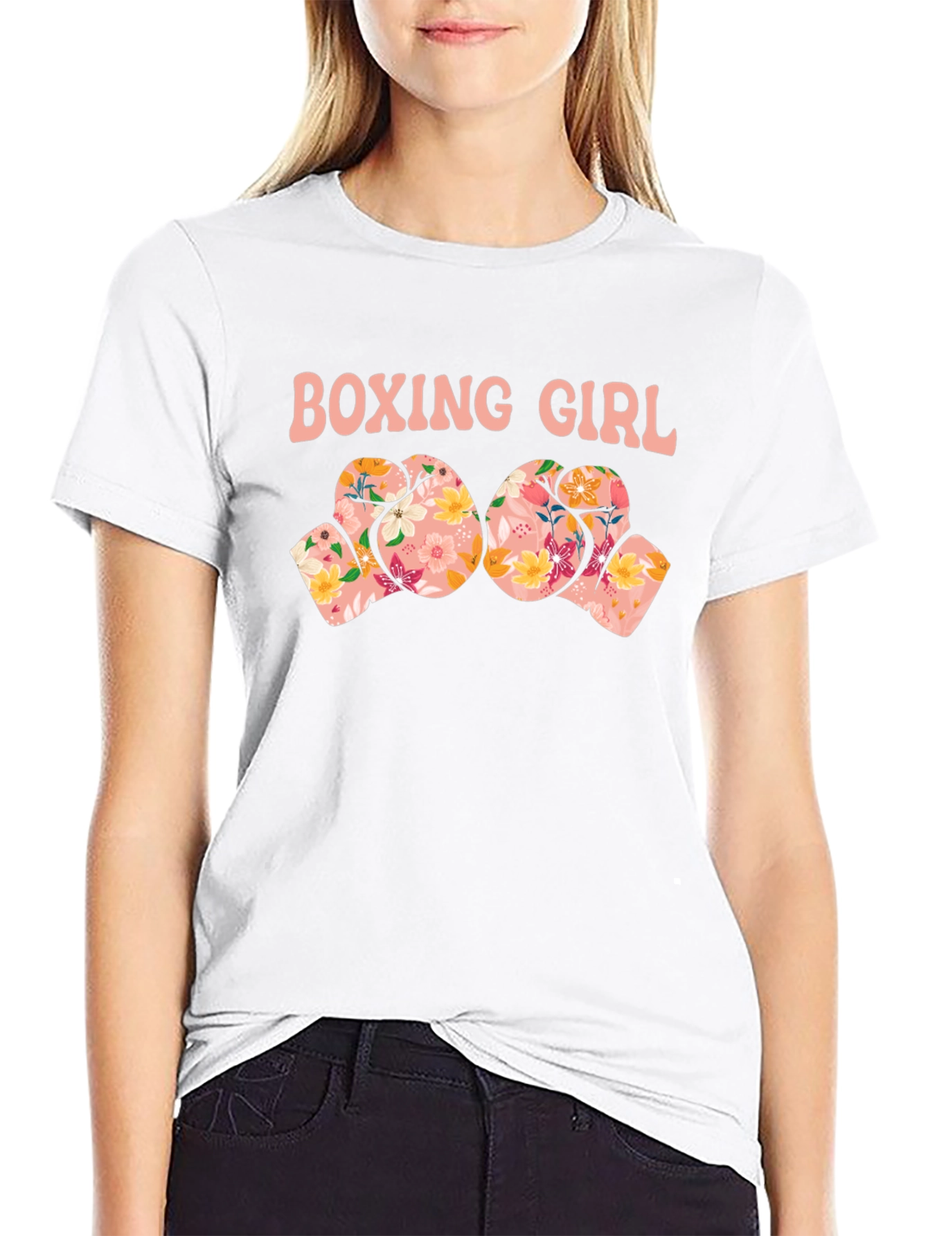 Boxing Girl Floral Gloves Graphic T-Shirt