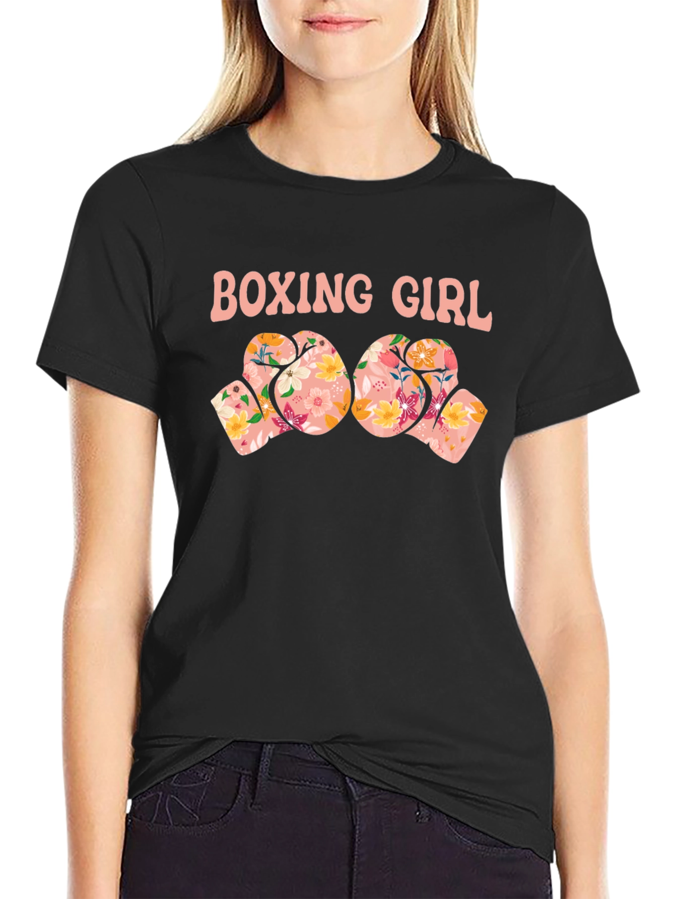 Boxing Girl Floral Gloves Graphic T-Shirt