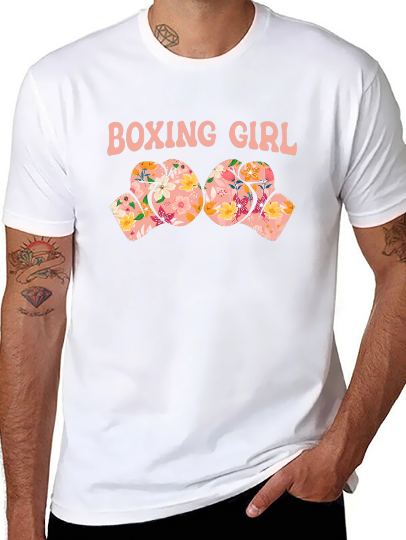 Boxing Girl Floral Gloves Graphic T-Shirt