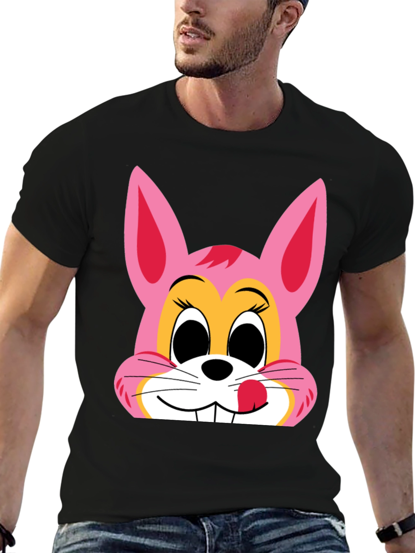 Cute Bunny Graphic Tee - Black Cotton T-Shirt