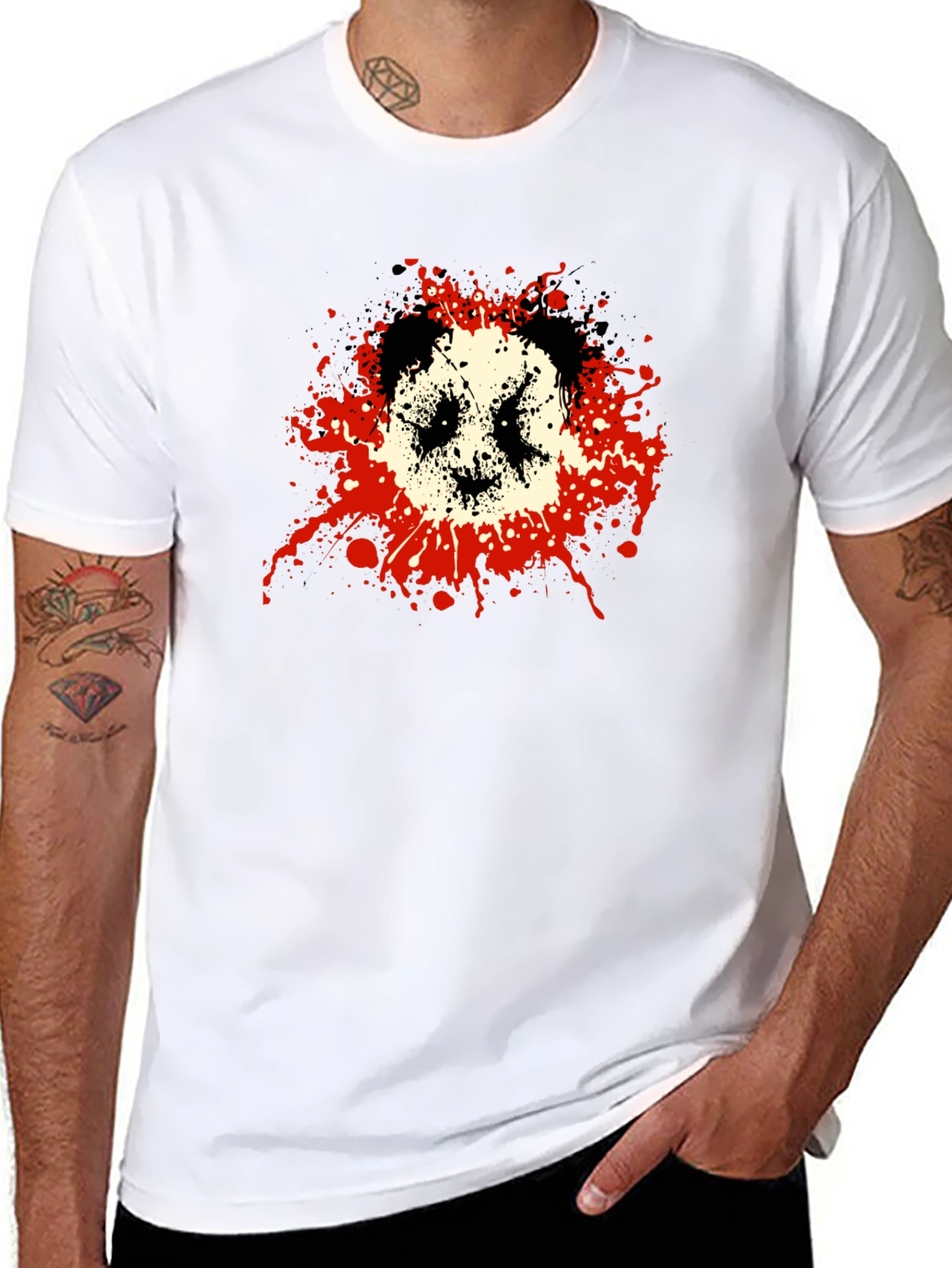 Mens Black Graphic Tee - Panda Splatter Design