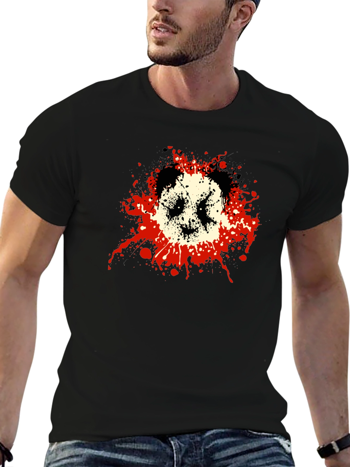 Mens Black Graphic Tee - Panda Splatter Design
