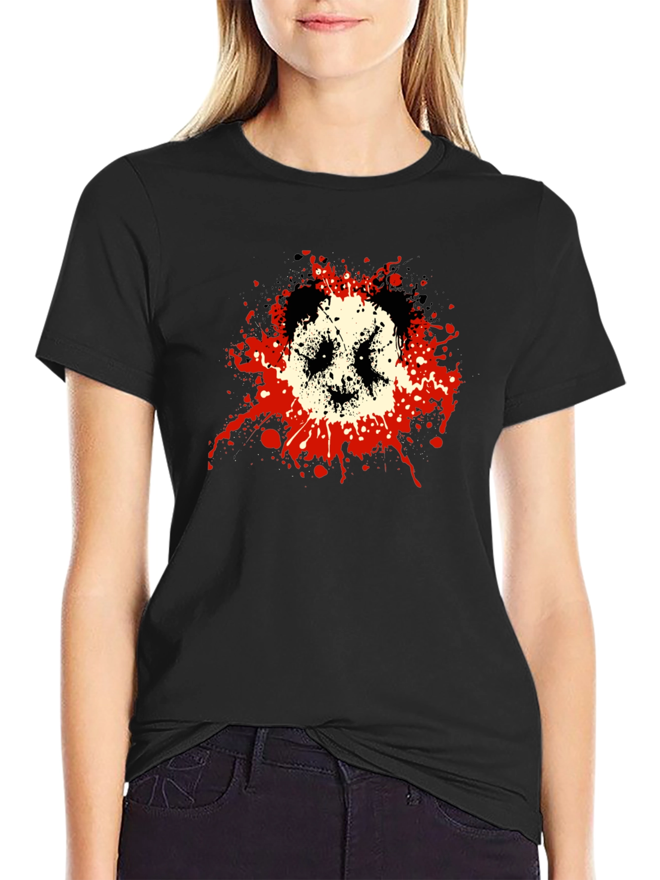 Mens Black Graphic Tee - Panda Splatter Design