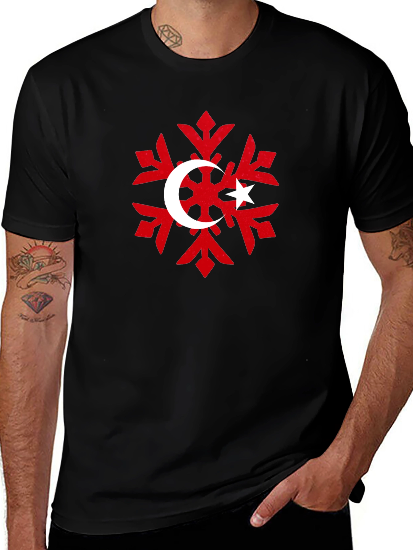 Turkish Flag Snowflake Black T-Shirt