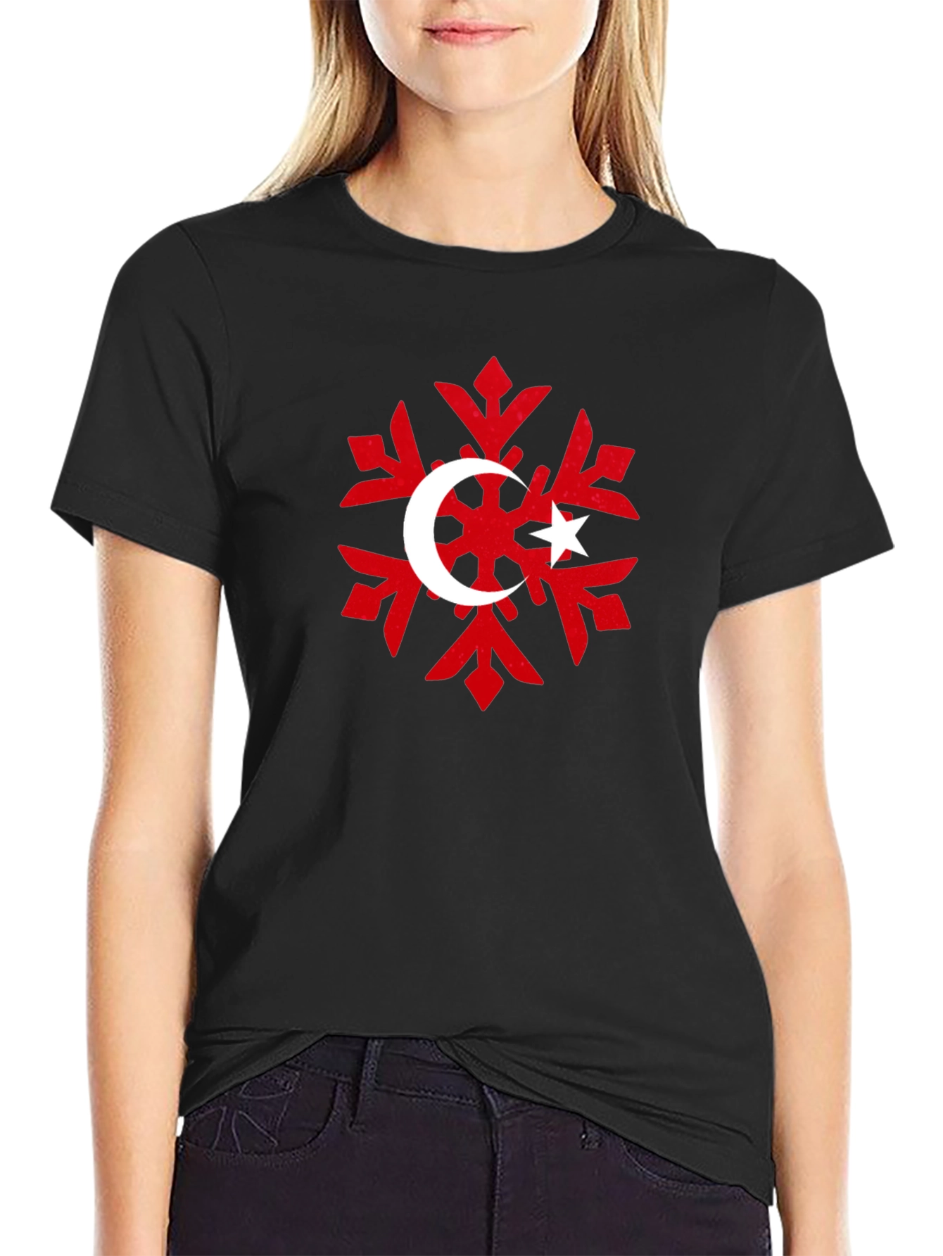 Turkish Flag Snowflake Black T-Shirt