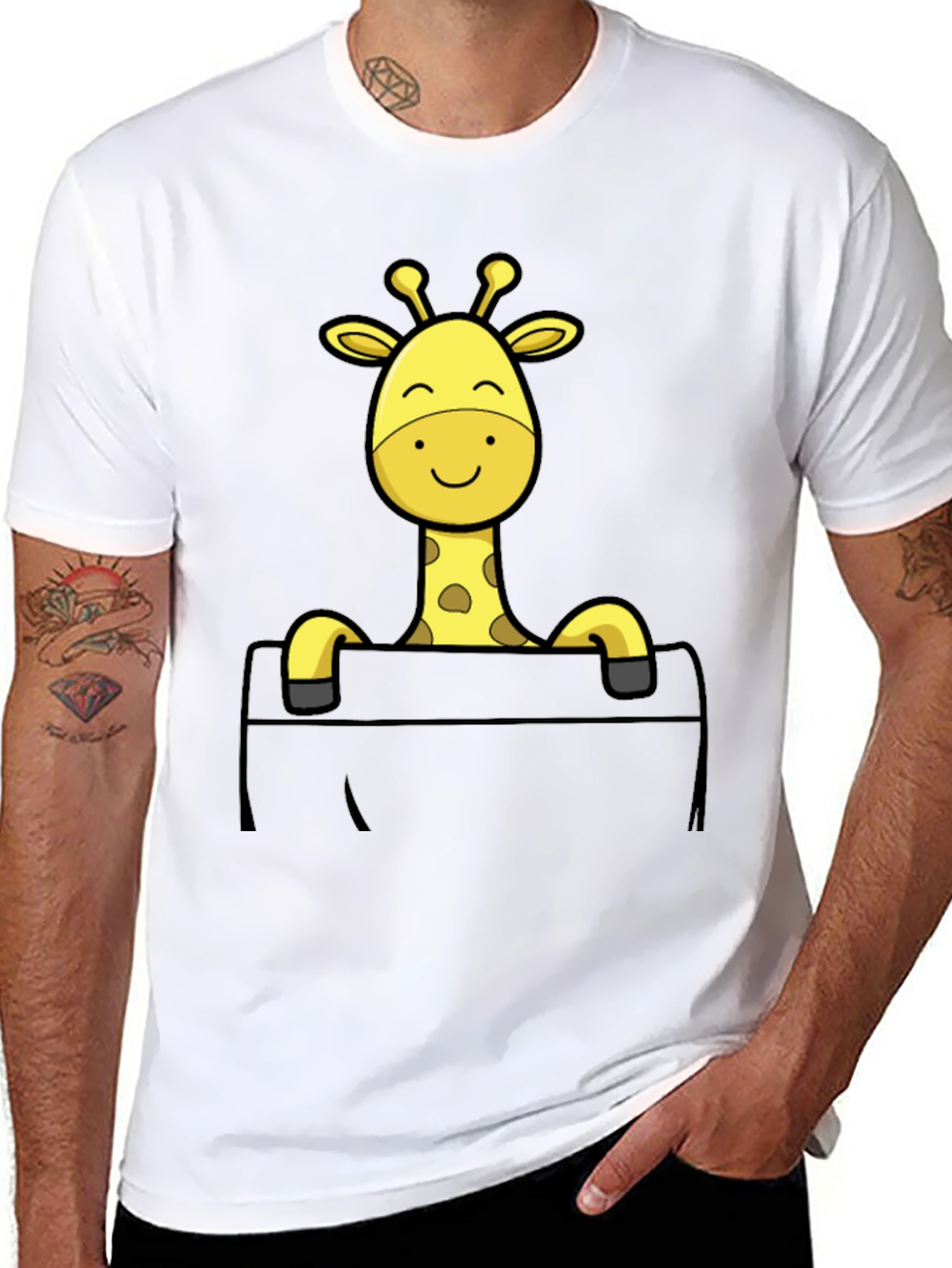 Giraffe Pocket T-Shirt - Mens Black Cotton Tee