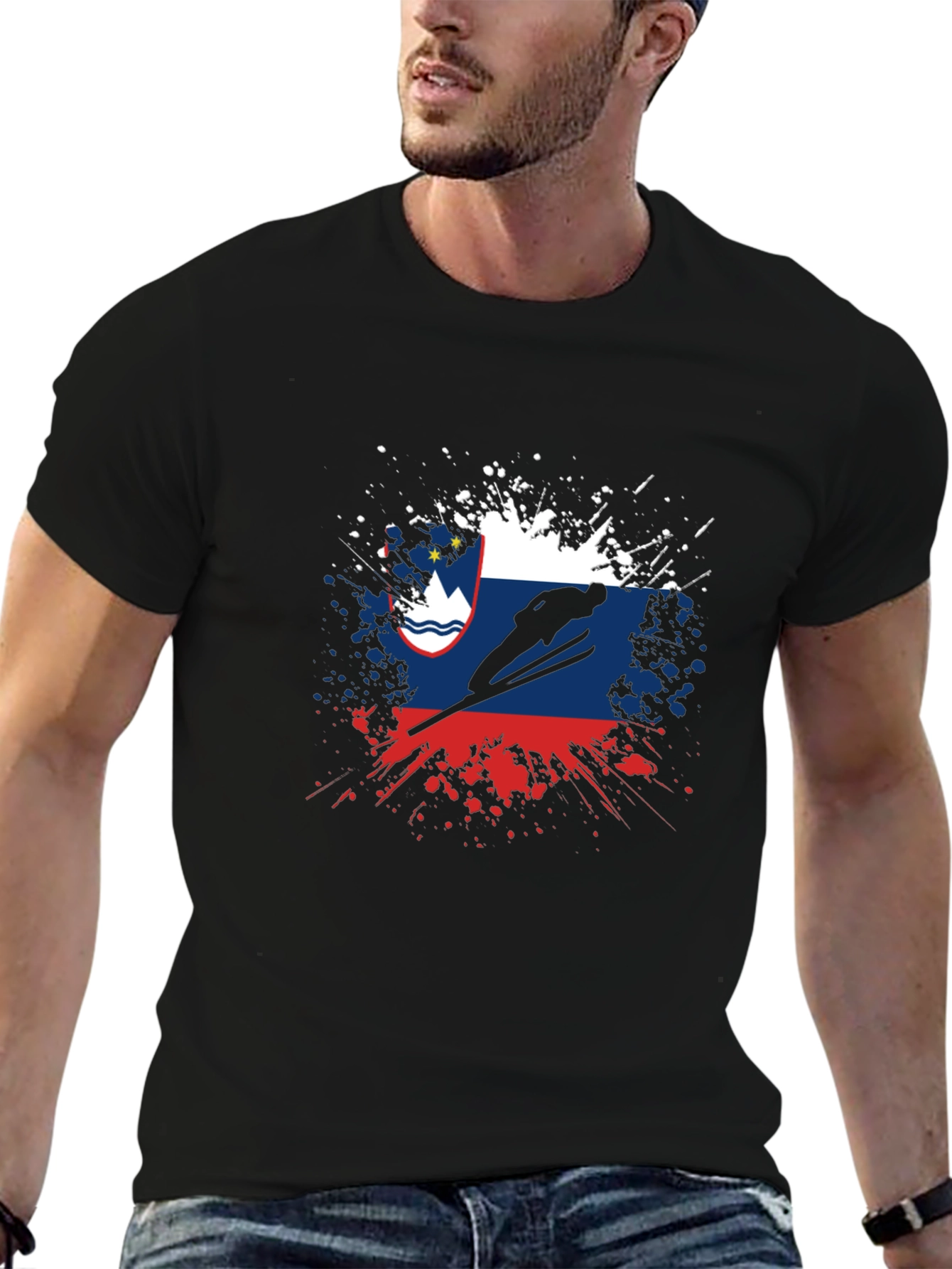 Slovenia Flag Ski Jumping Mens Black T-Shirt