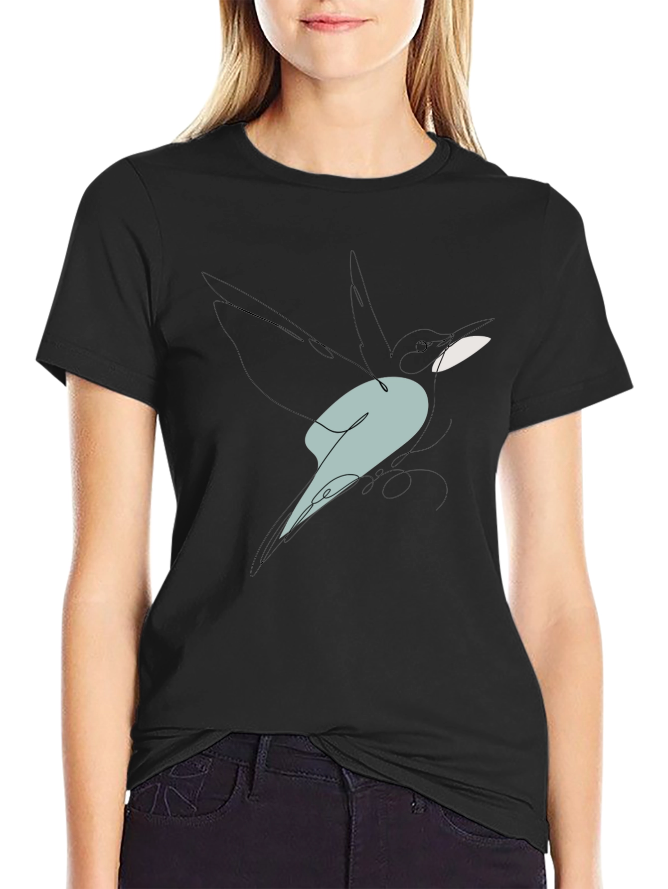Abstract Bird Line Art Graphic Tee - Black