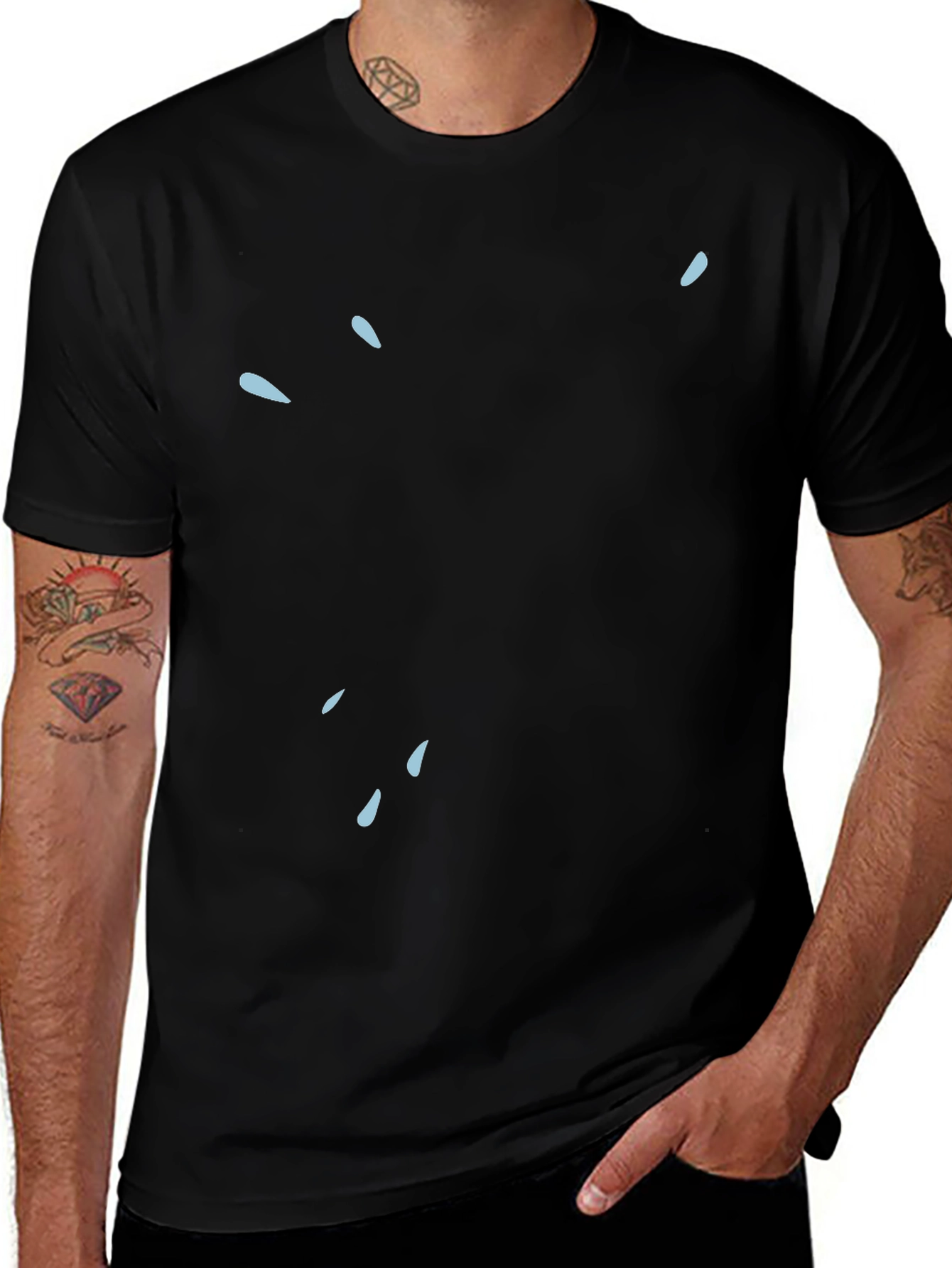 Modern Black Tee with Light Blue Water Drop Design
