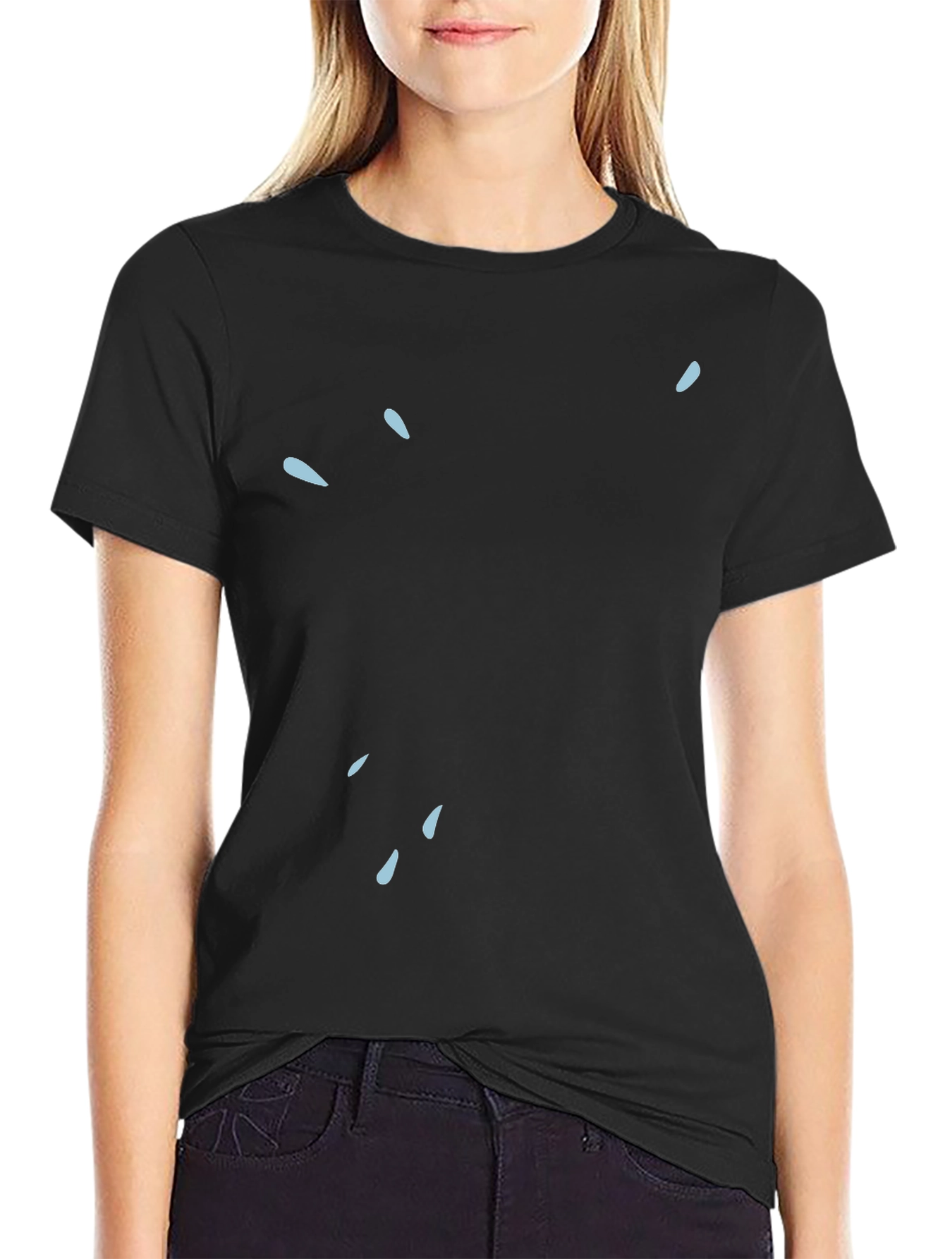 Modern Black Tee with Light Blue Water Drop Design