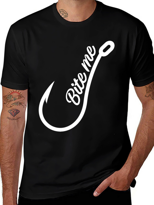 Bite Me Fishing Hook Graphic Tee - Casual Black T-Shirt