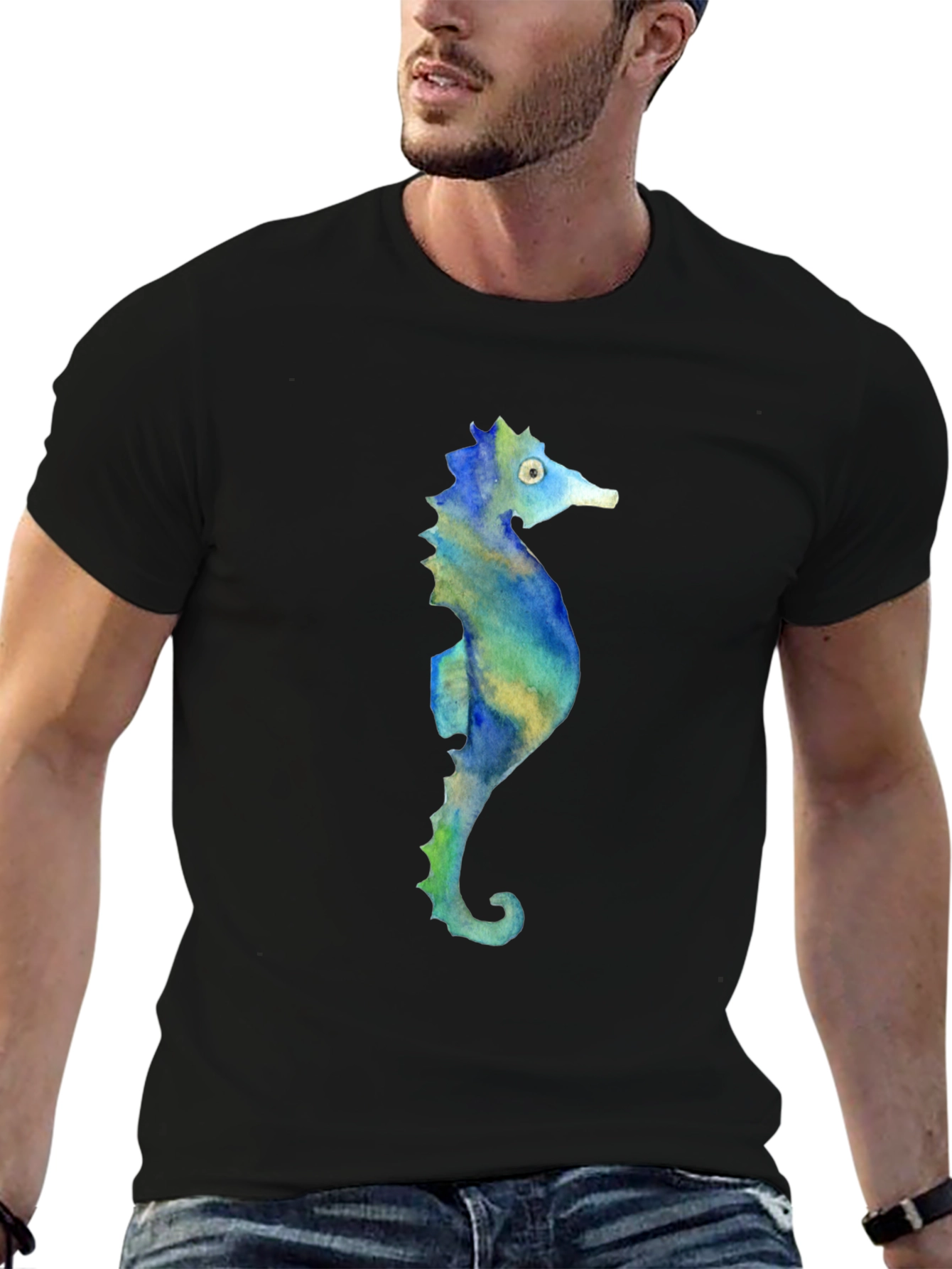 Seahorse Graphic Tee - Black Cotton T-Shirt