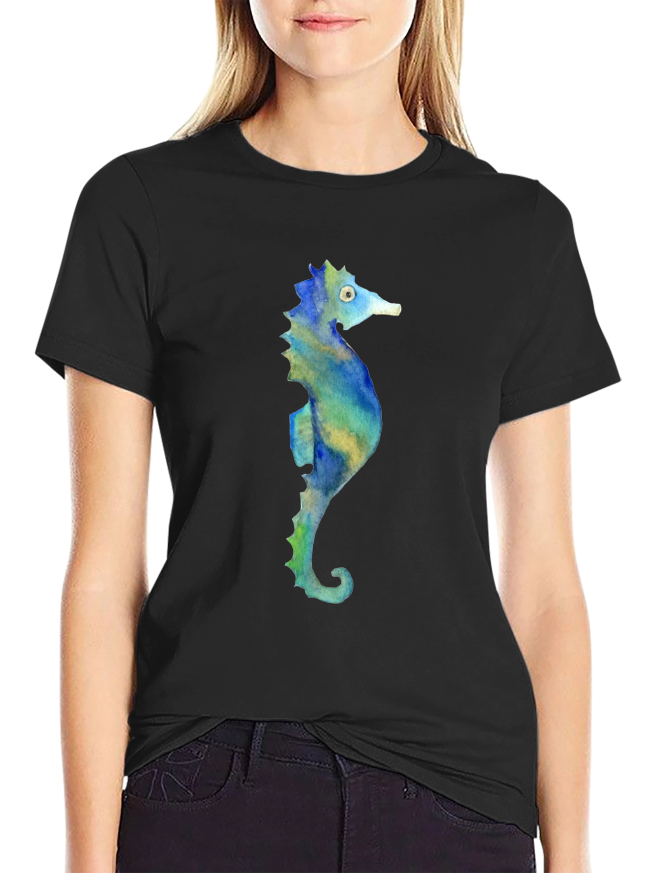 Seahorse Graphic Tee - Black Cotton T-Shirt
