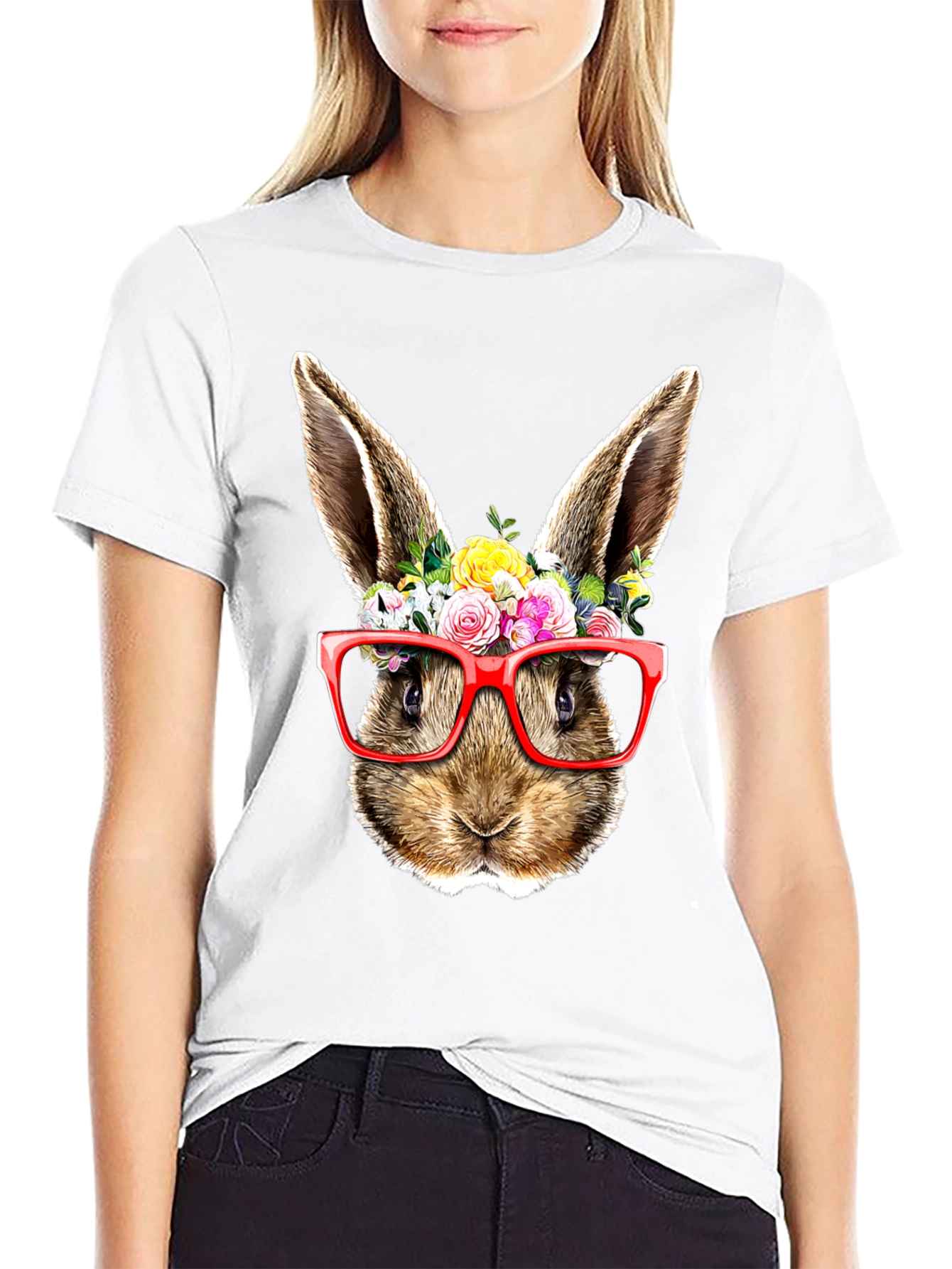 Bunny Floral Glasses Black T-Shirt