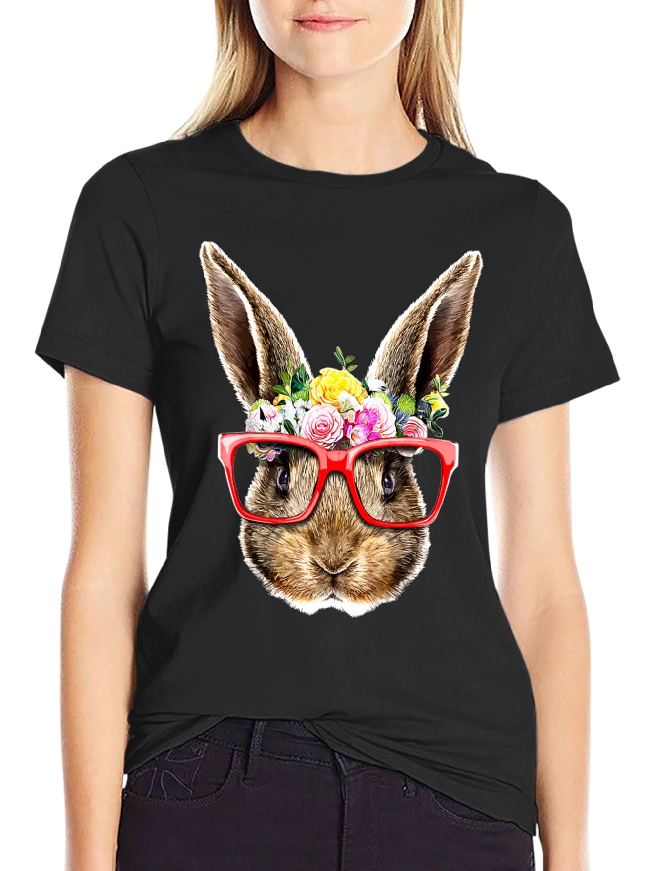 Bunny Floral Glasses Black T-Shirt
