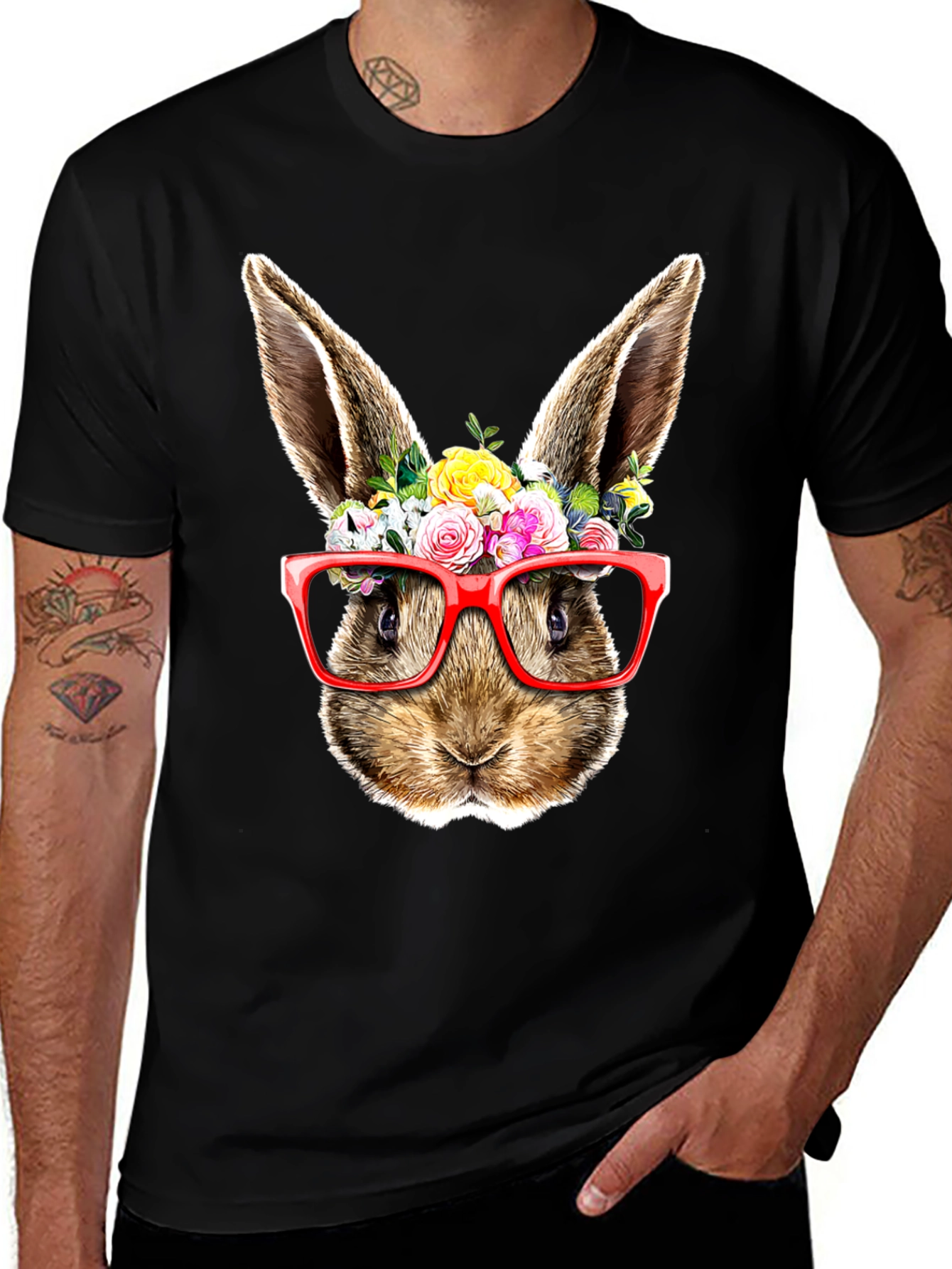 Bunny Floral Glasses Black T-Shirt