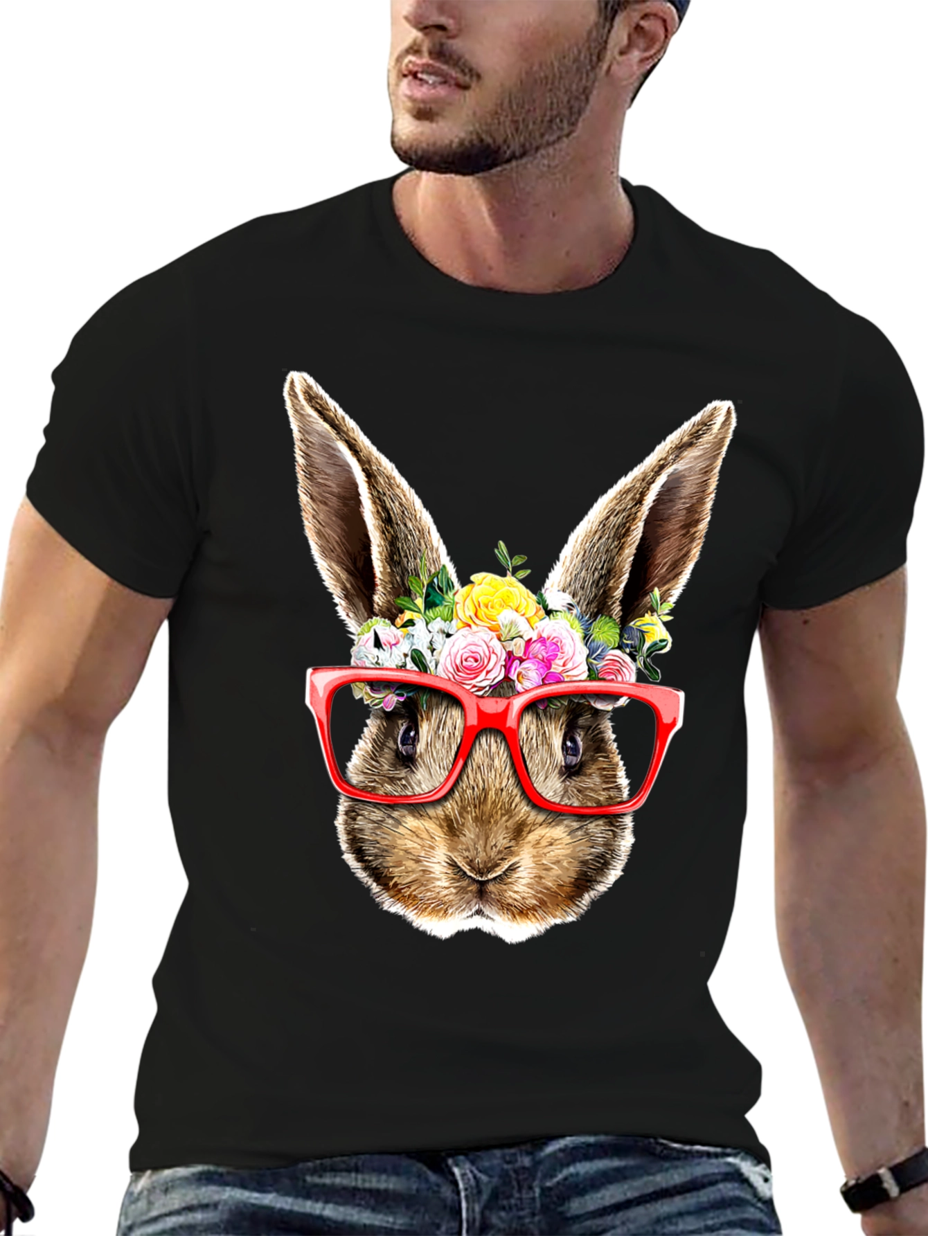 Bunny Floral Glasses Black T-Shirt