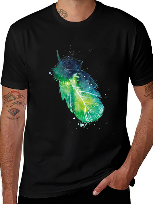 Artistic Feather Print Black T-Shirt