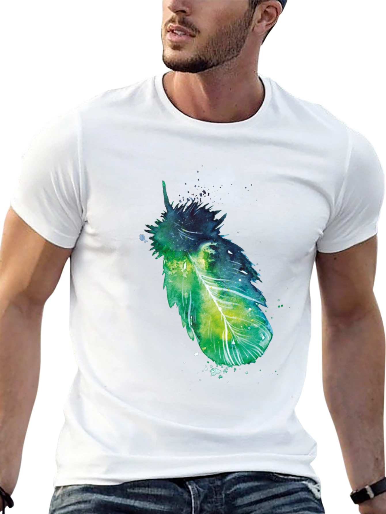 Artistic Feather Print Black T-Shirt