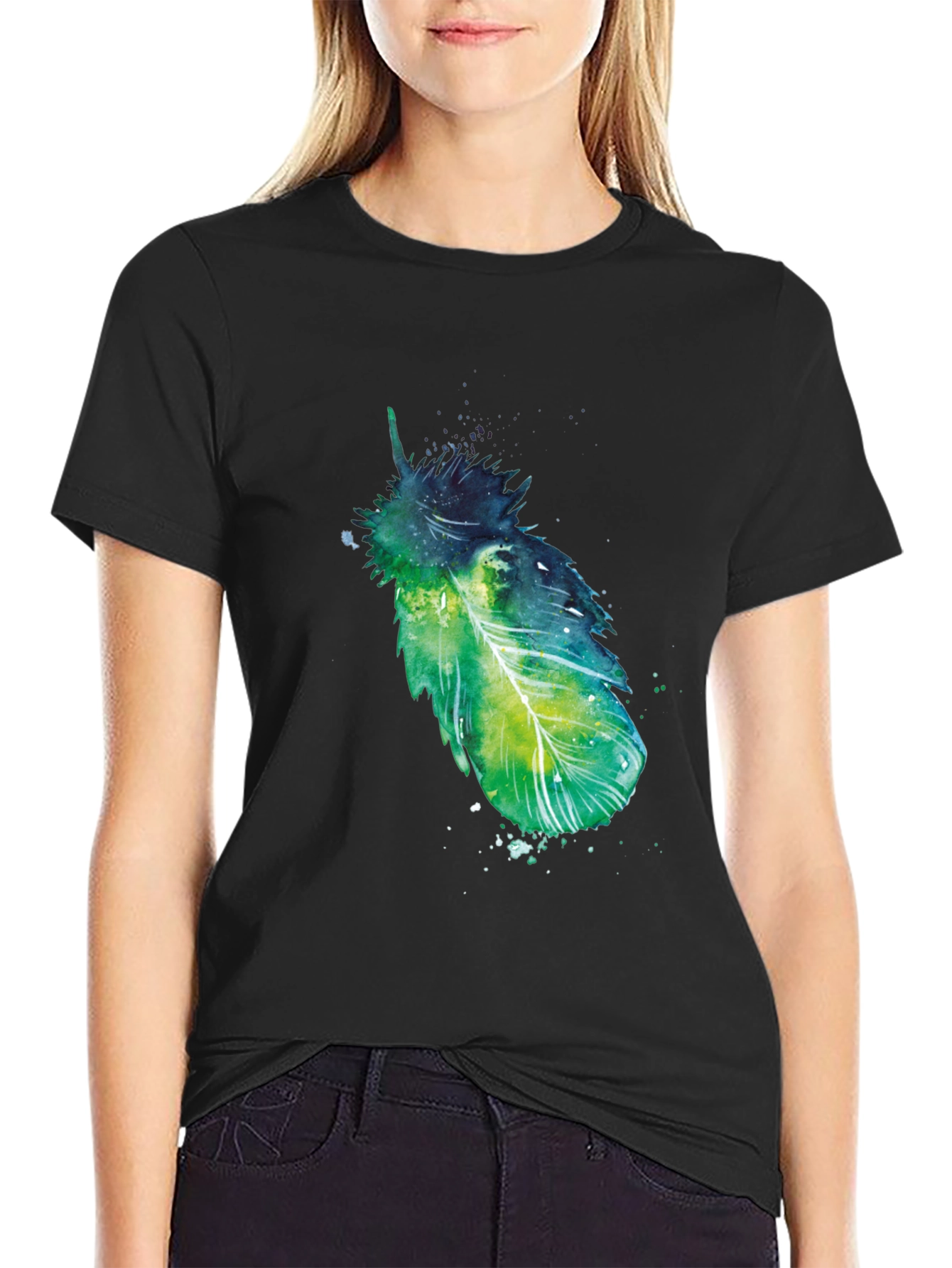 Artistic Feather Print Black T-Shirt