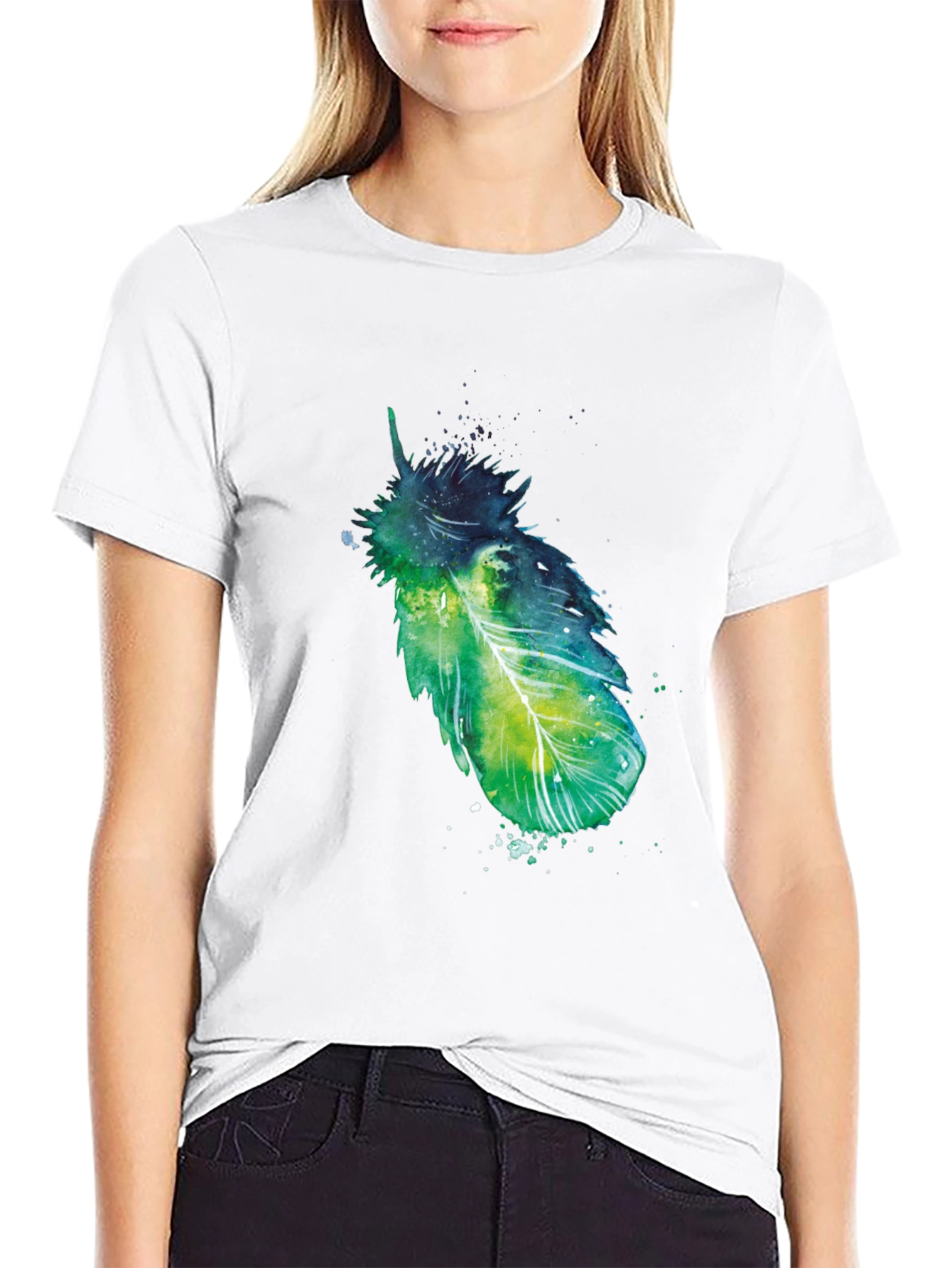 Artistic Feather Print Black T-Shirt