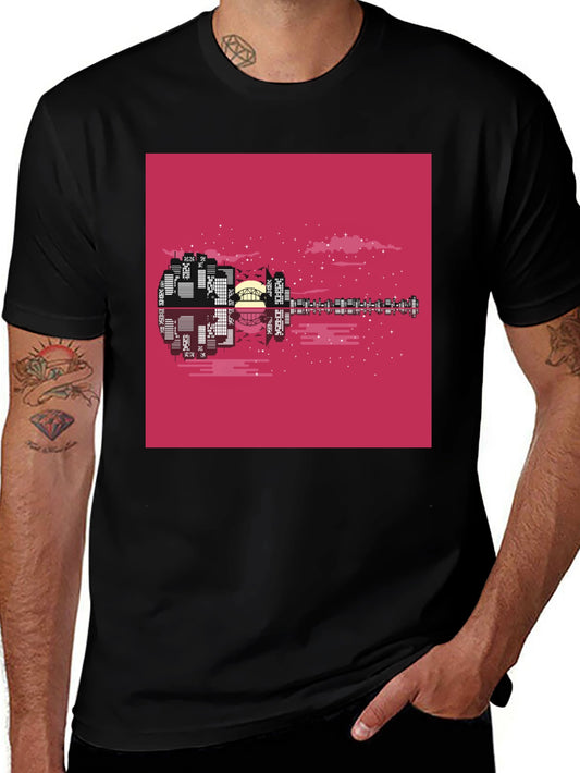 Cityscape Guitar Graphic Tee - Black Cotton Blend