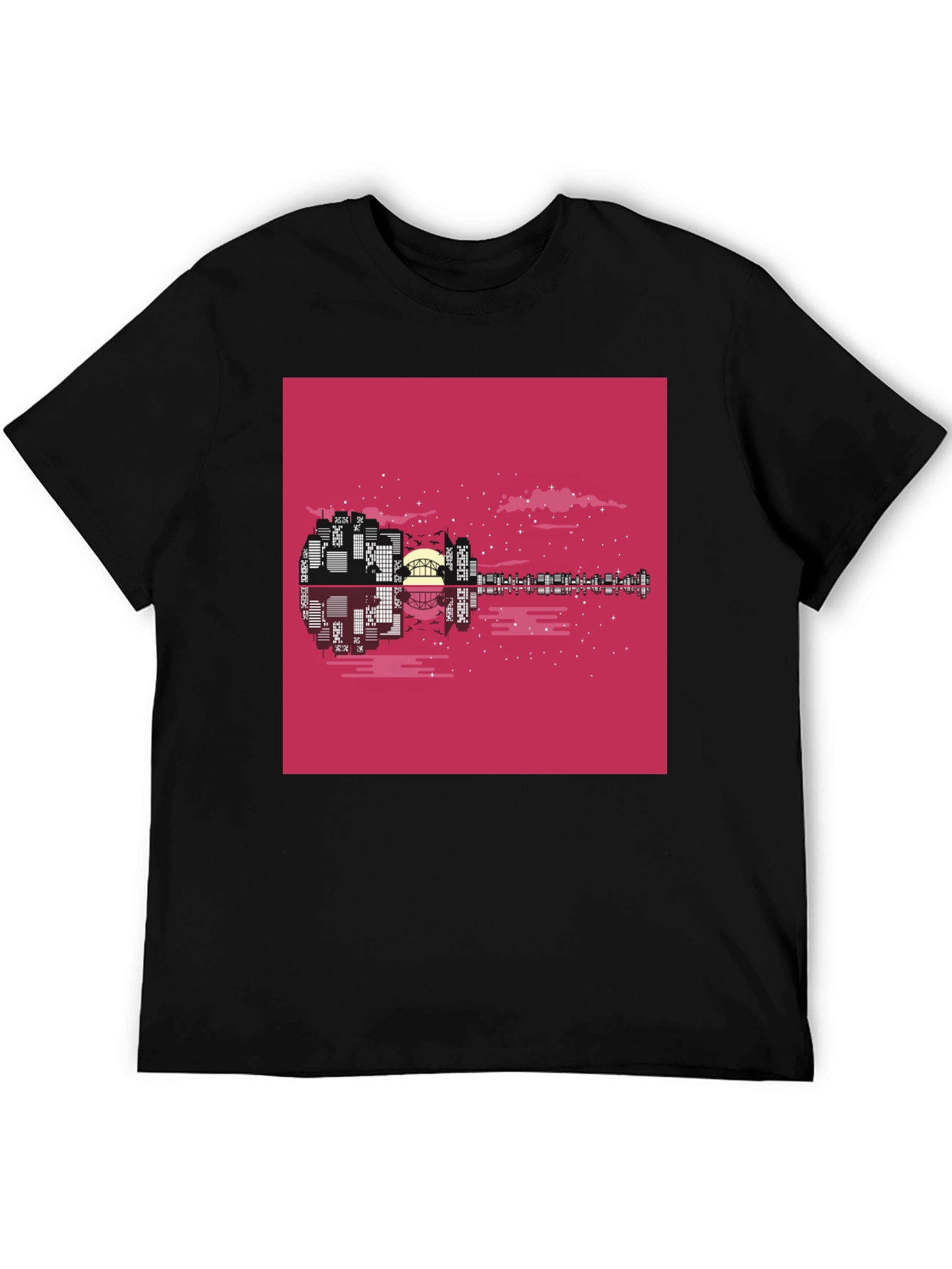 Cityscape Guitar Graphic Tee - Black Cotton Blend