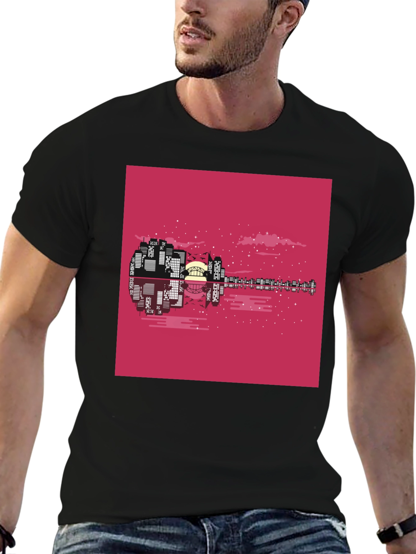 Cityscape Guitar Graphic Tee - Black Cotton Blend